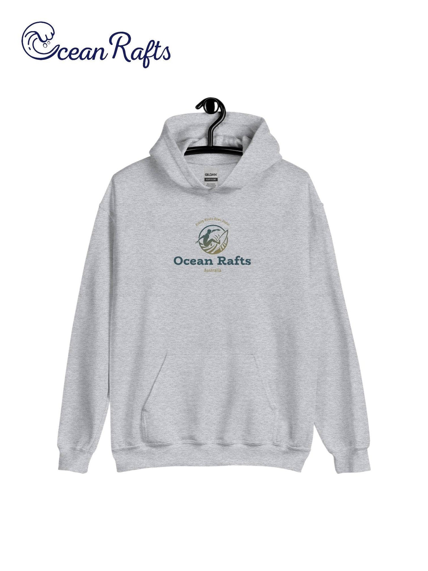 grey sweatshirt with middle surf emblem of man surfing | Ocean Rafts