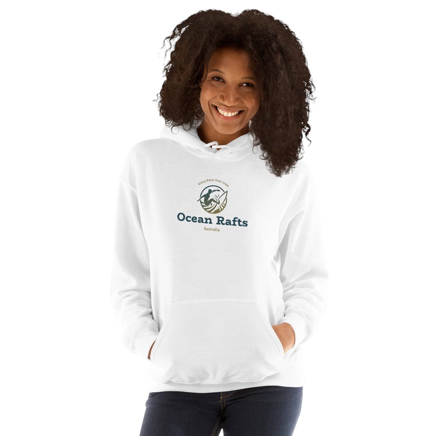 woman wearing white hoodie with middle surf eblem of man surfing and black jeans | Ocean Rafts