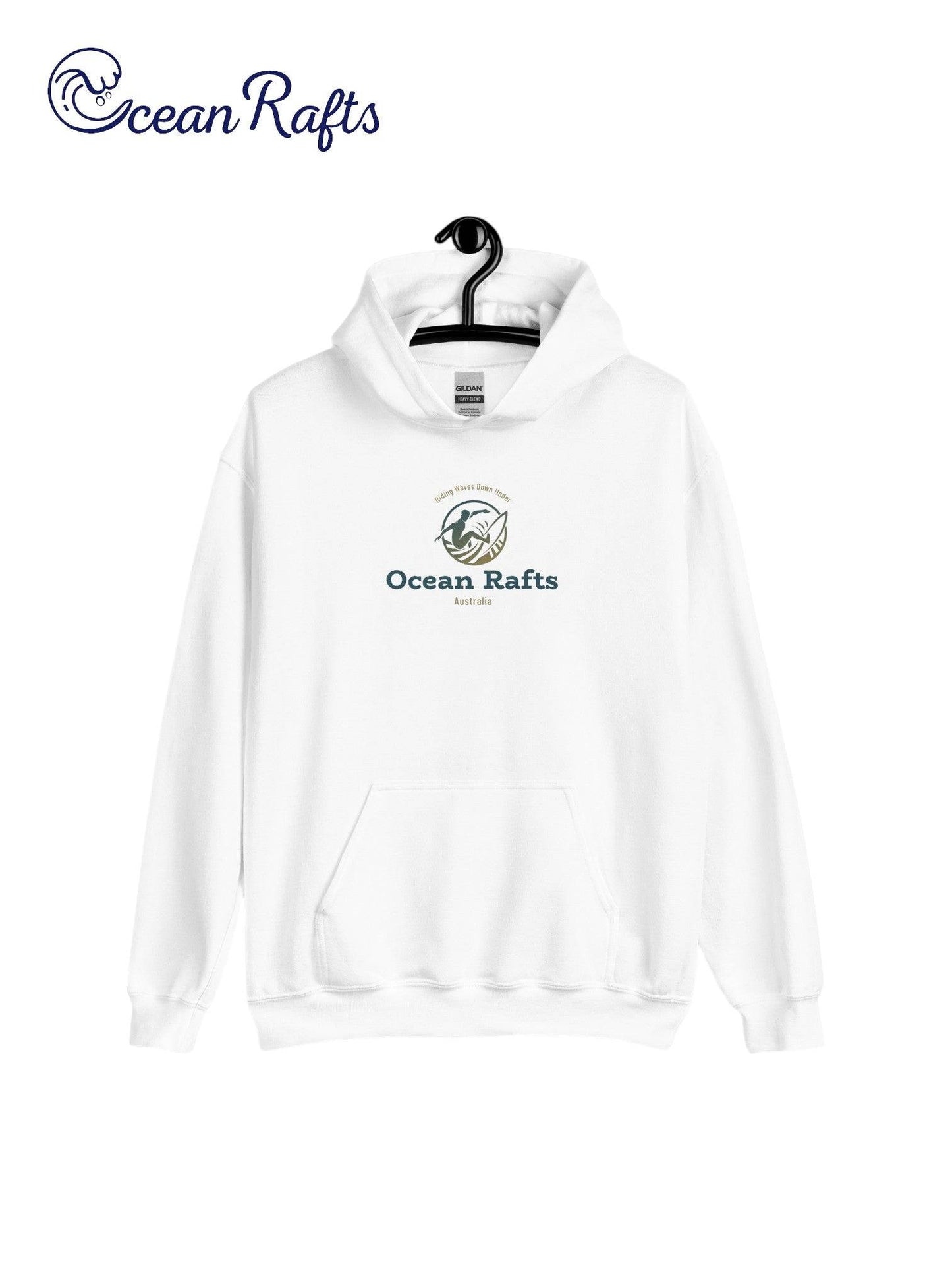 white hoodie with middle surf emblem of man surfing | Ocean Rafts