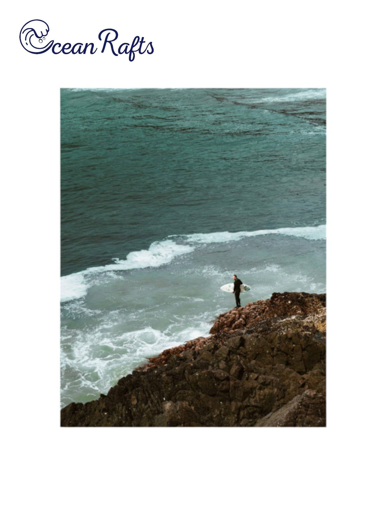 Rockbound Surfer Poster - Image of a alone surfer overlooking the sea ocean with wave coming towards him on the rocks. New and cheap poster with free delivery from only $30 home decor beach styled theme | Ocean Rafts