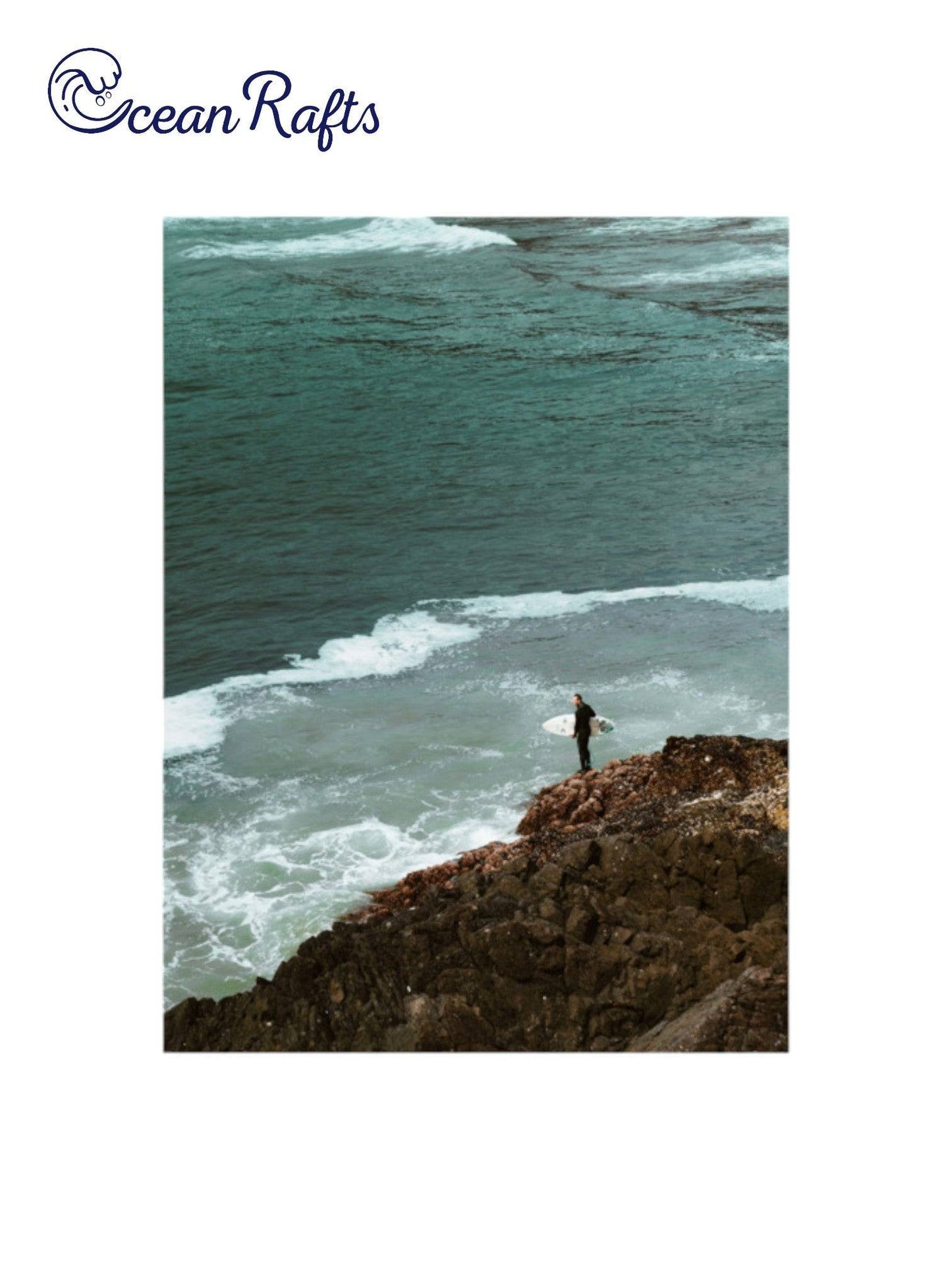 Rockbound Surfer Poster - Image of a alone surfer overlooking the sea ocean with wave coming towards him on the rocks. New and cheap poster with free delivery from only $30 home decor beach styled theme | Ocean Rafts