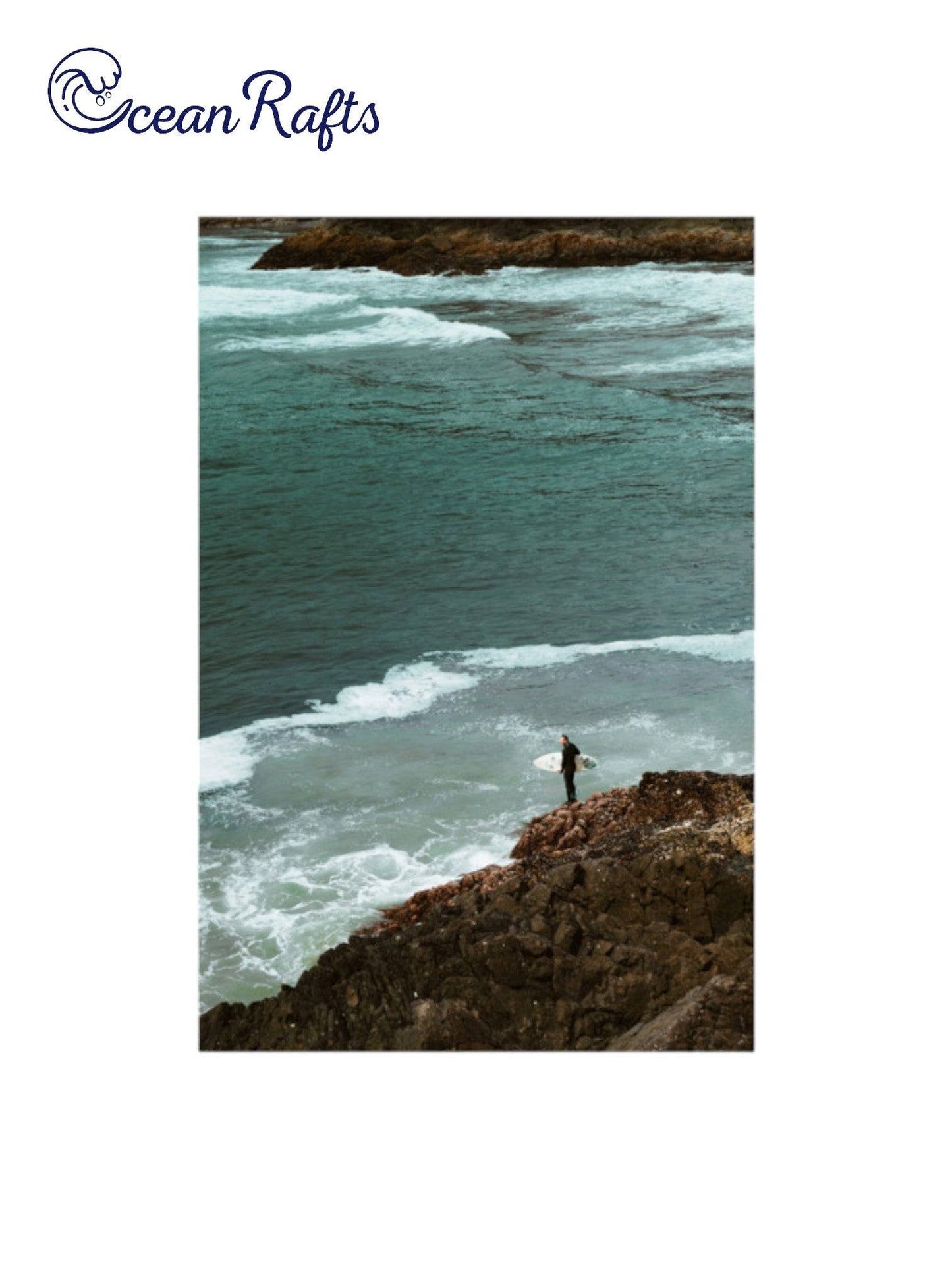 Rockbound Surfer Poster - Image of a alone surfer overlooking the sea ocean with wave coming towards him on the rocks. New and cheap poster with free delivery from only $30 home decor beach styled theme | Ocean Rafts