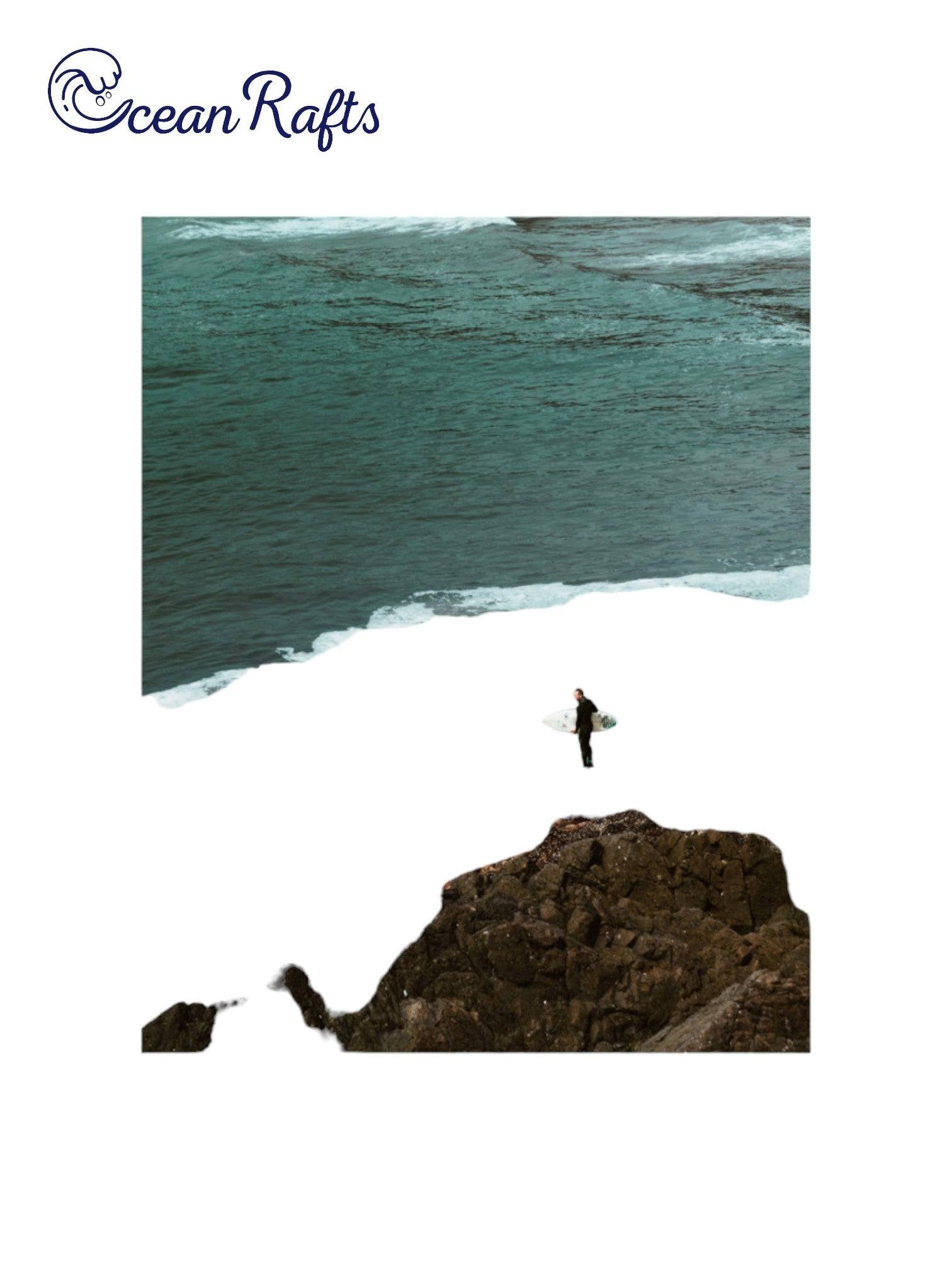 Rockbound Surfer Poster - Image of a alone surfer overlooking the sea ocean with wave coming towards him on the rocks. New and cheap poster with free delivery from only $30 home decor beach styled theme | Ocean Rafts