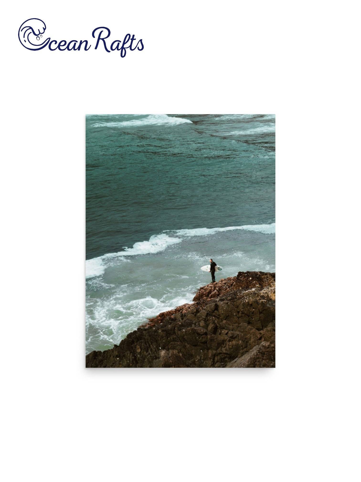 Rockbound Surfer Poster - Image of a alone surfer overlooking the sea ocean with wave coming towards him on the rocks. New and cheap poster with free delivery from only $30 home decor beach styled theme | Ocean Rafts