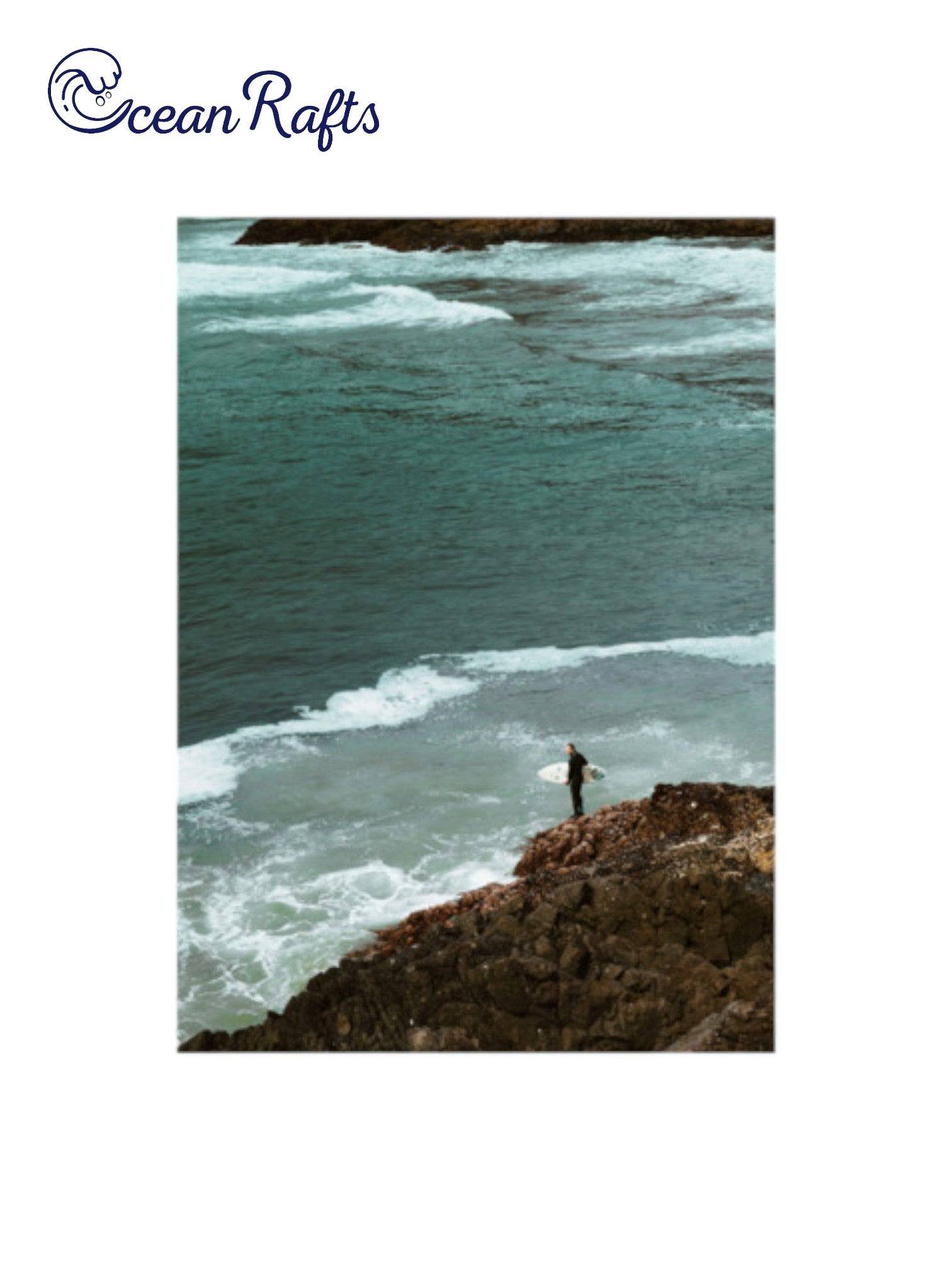 Rockbound Surfer Poster - Image of a alone surfer overlooking the sea ocean with wave coming towards him on the rocks. New and cheap poster with free delivery from only $30 home decor beach styled theme | Ocean Rafts