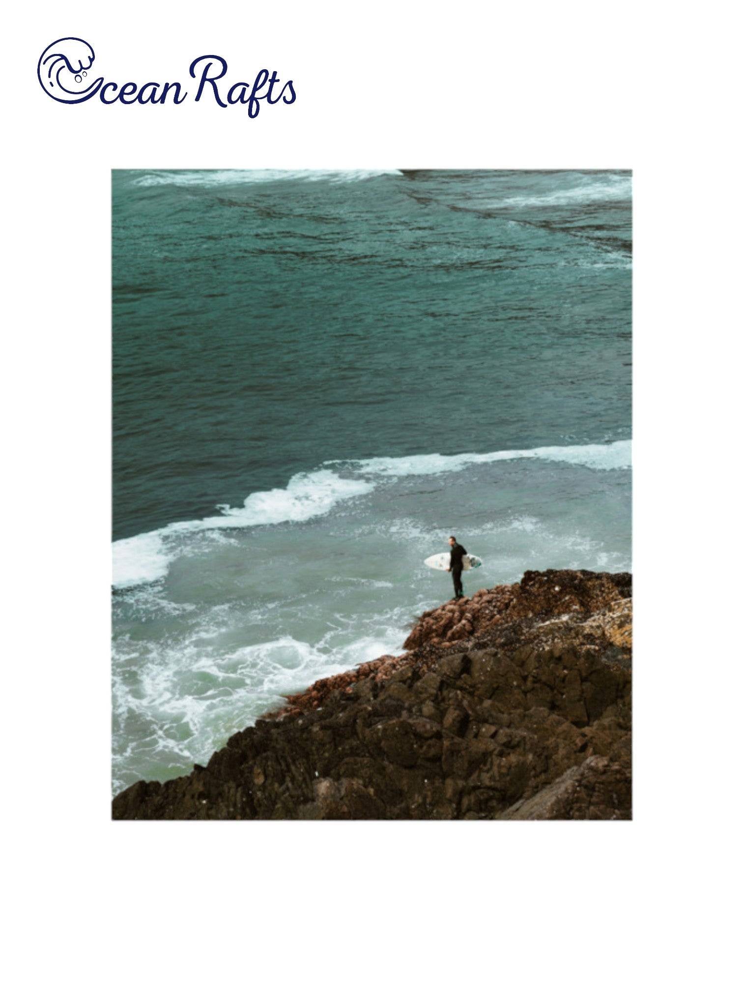 Rockbound Surfer Poster - Image of a alone surfer overlooking the sea ocean with wave coming towards him on the rocks. New and cheap poster with free delivery from only $30 home decor beach styled theme | Ocean Rafts