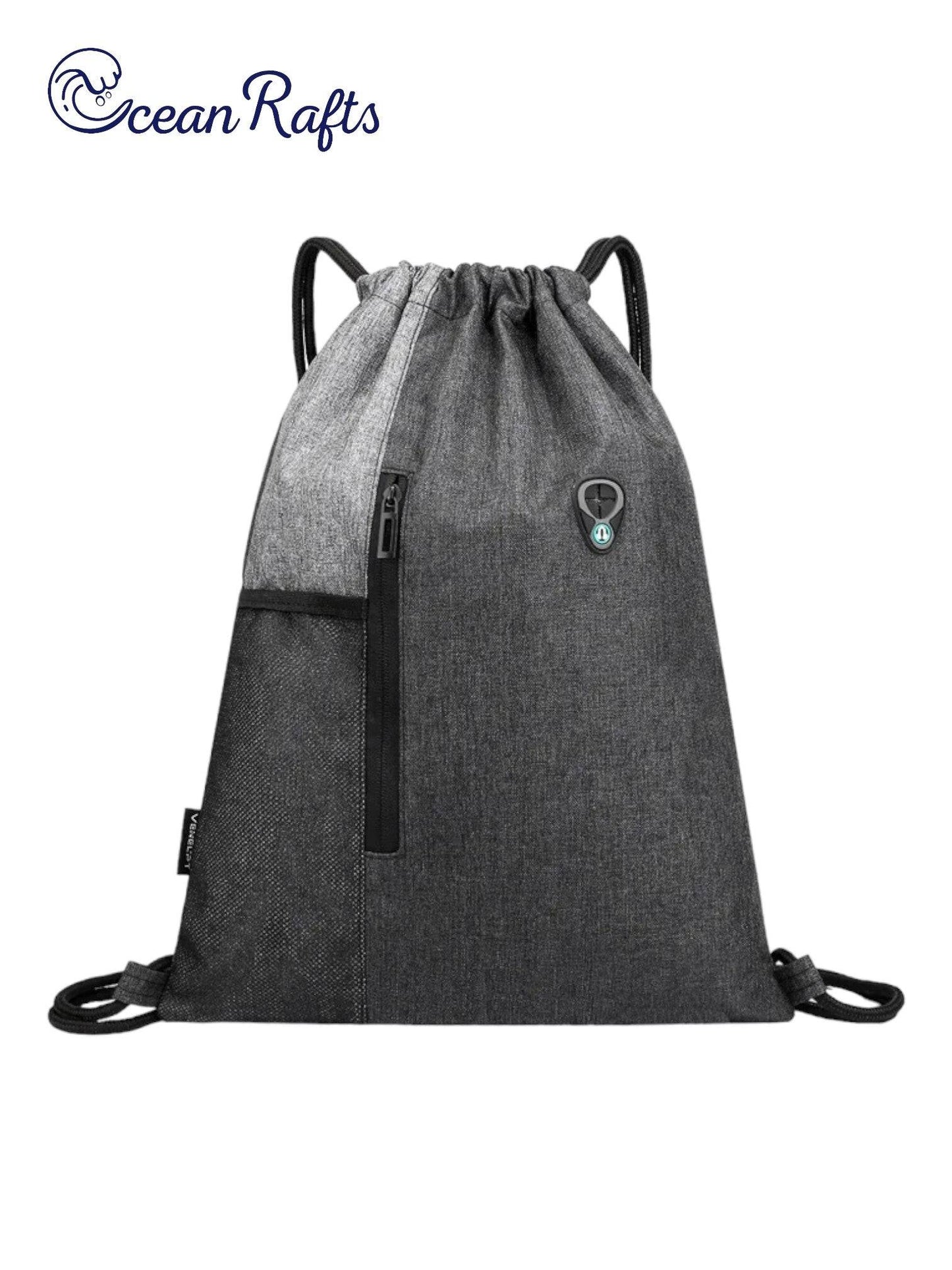 grey nylon dawstring bag with water bottle net pocket and 2 zips with extra pouch and pocket free delivery $20 | Ocean Raft