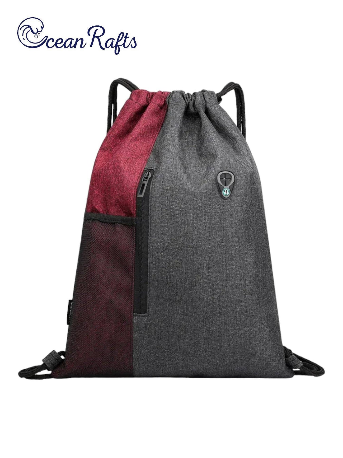 red nylon dawstring bag with water bottle net pocket and 2 zips with extra pouch and pocket free delivery $20 | Ocean Raft