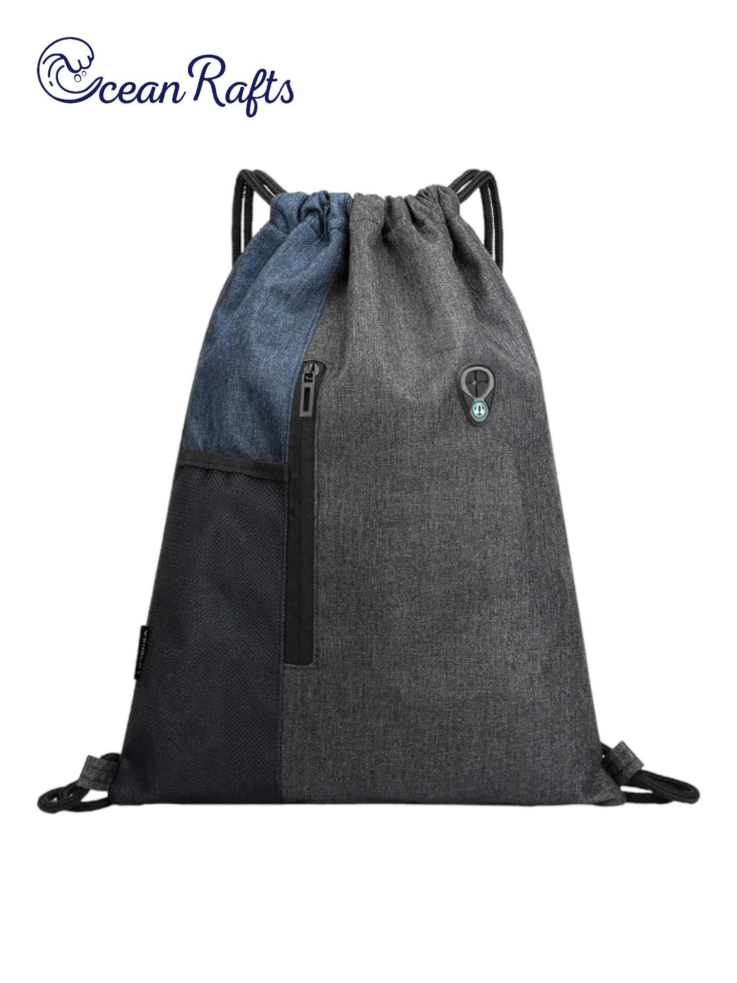 blue nylon dawstring bag with water bottle net pocket and 2 zips with extra pouch and pocket free delivery $20 | Ocean Rafts