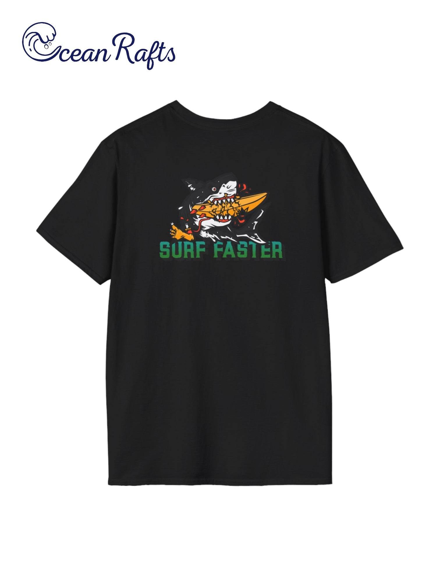 back of black shirt with great white shark graphic eating surfboard with green text that says surf faster | Ocean Rafts