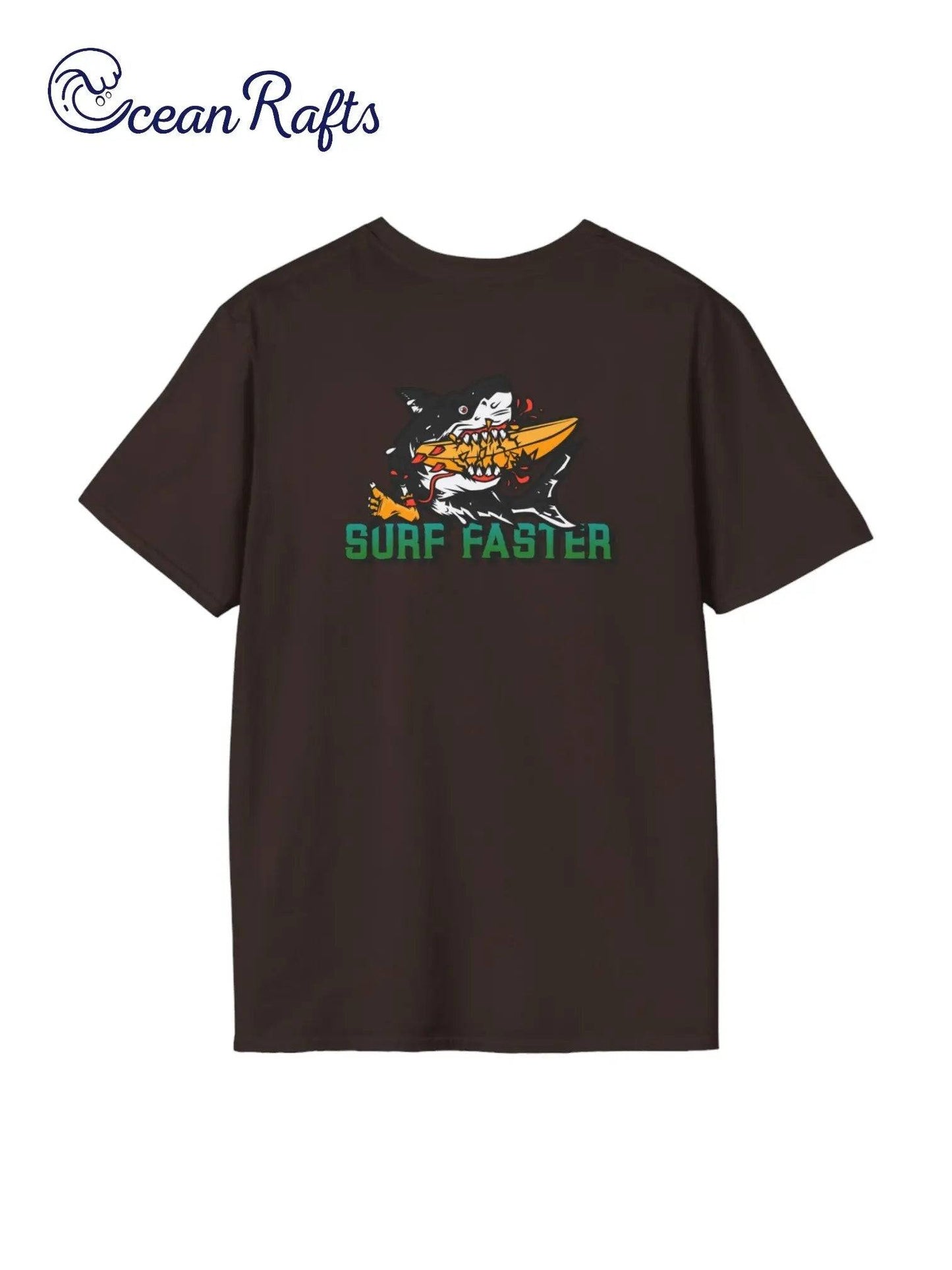 back of brown shirt with great white shark graphic eating surfboard with green text that says surf faster | Ocean Rafts