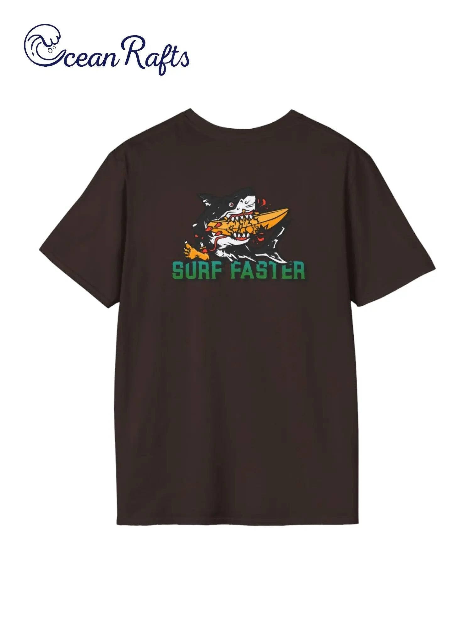 back of brown shirt with great white shark graphic eating surfboard with green text that says surf faster | Ocean Rafts