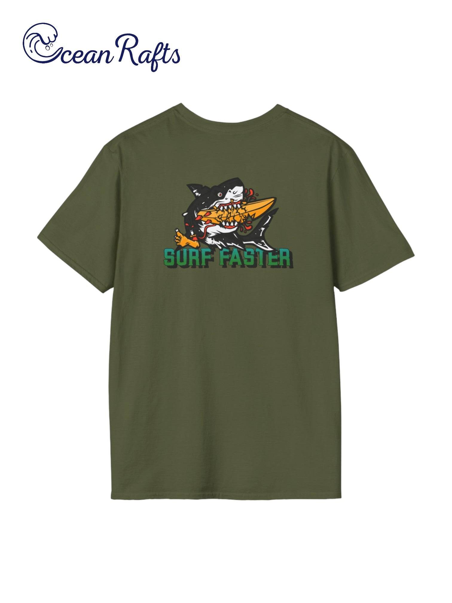 back of military green shirt with great white shark graphic eating surfboard with green text that says surf faster | Ocean Rafts