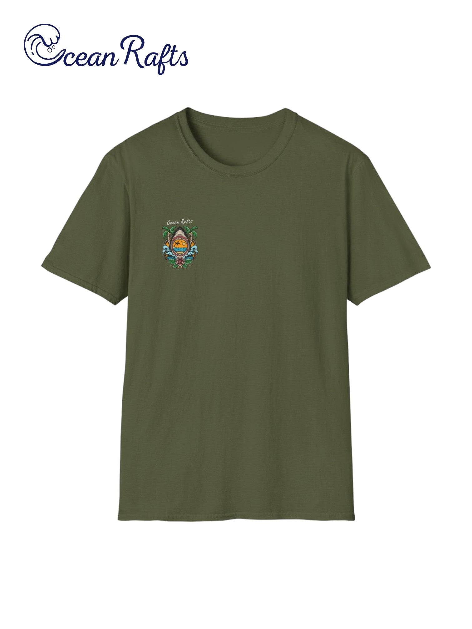 front of military dark green shirt with great white shark palm trees and ocean graphic with ocean rafts texts - new free delivery cheap $40 shirt lightwieght | Ocean Rafts