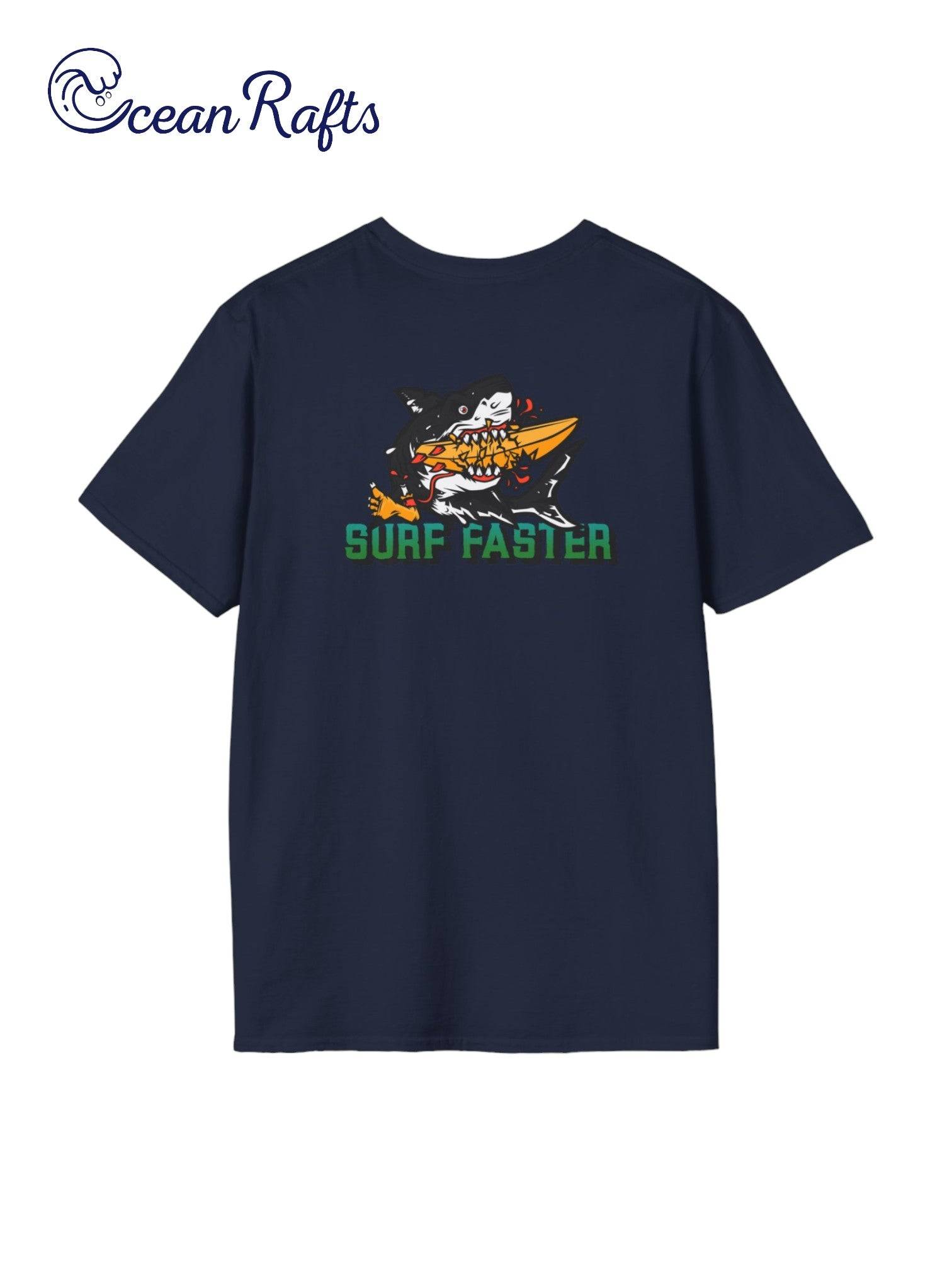 back of navy dark blue shirt with great white shark graphic eating surfboard with green text that says surf faster | Ocean Rafts