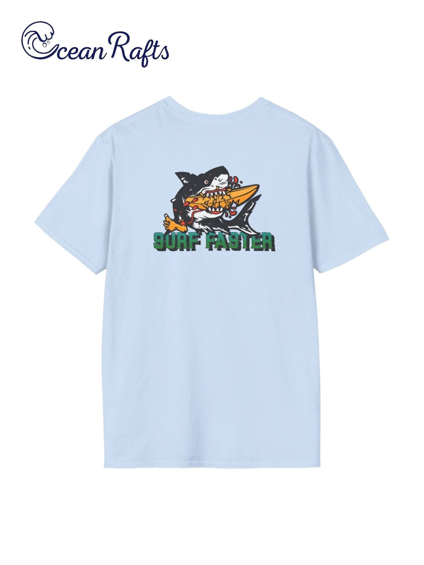 back of teal blue shirt with great white shark graphic eating surfboard with green text that says surf faster | Ocean Rafts