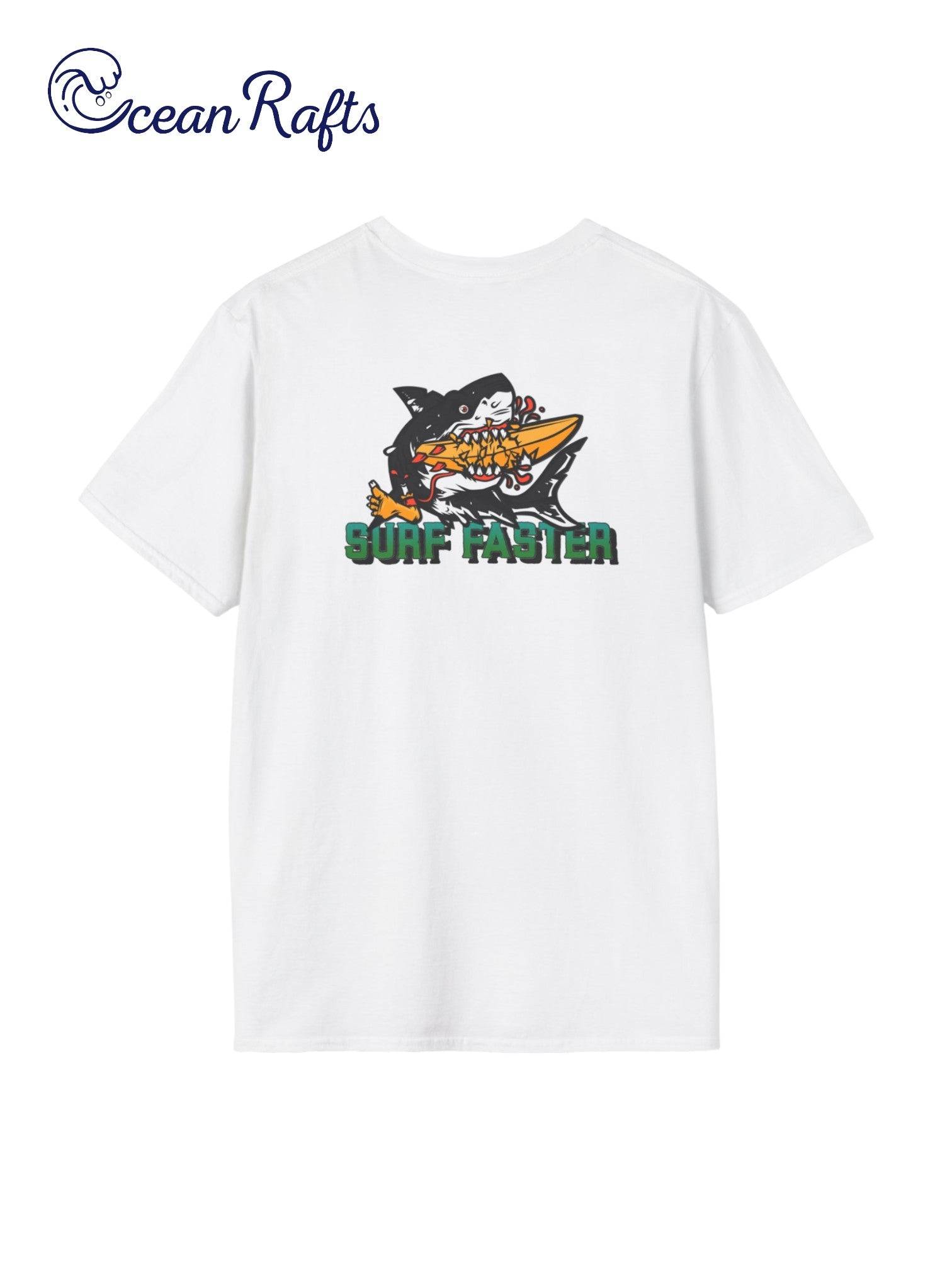 back of white shirt with great white shark graphic eating surfboard with green text that says surf faster | Ocean Rafts