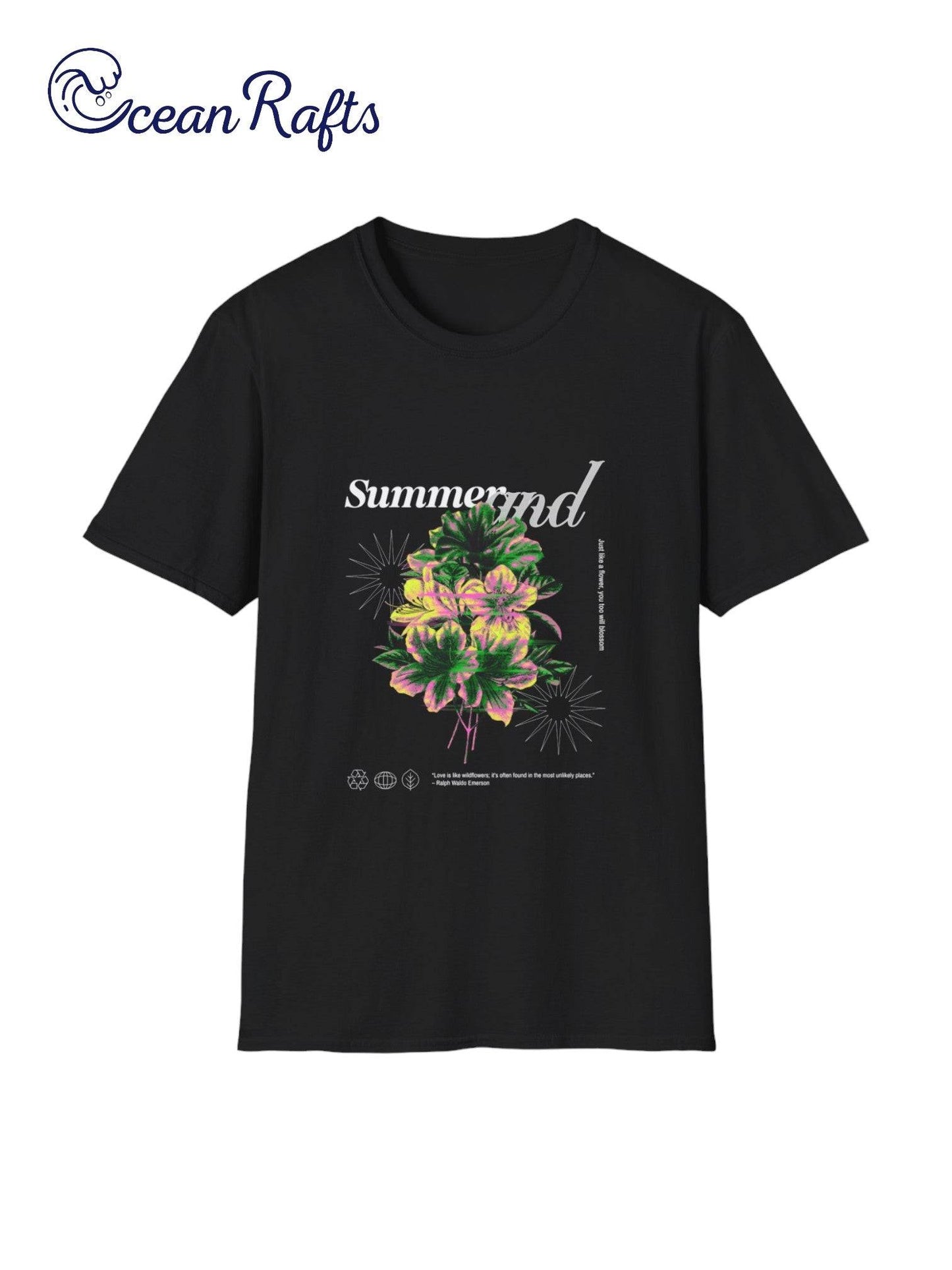 black Summer and flowers graphic t shirt - leightweight ethical cotton and polyester new cheap free delivery $40 | Ocean Rafts