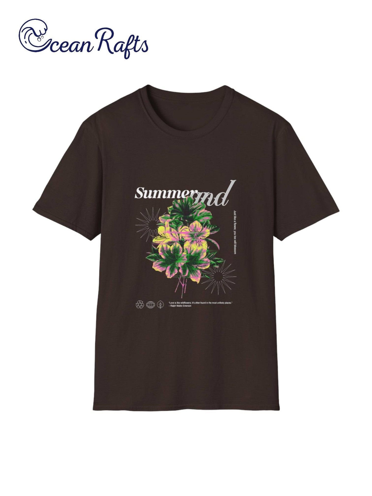 front of brown Summer and flowers graphic t shirt - leightweight ethical cotton and polyester new cheap free delivery $40 | Ocean Rafts