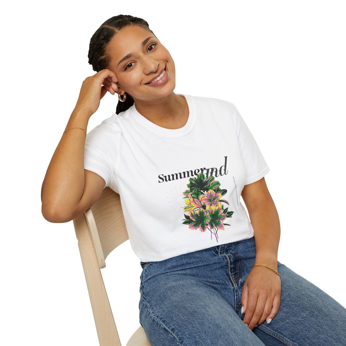 women wearing white Summer and flowers graphic t shirt - leightweight ethical cotton and polyester new cheap free delivery $40 | Ocean Rafts