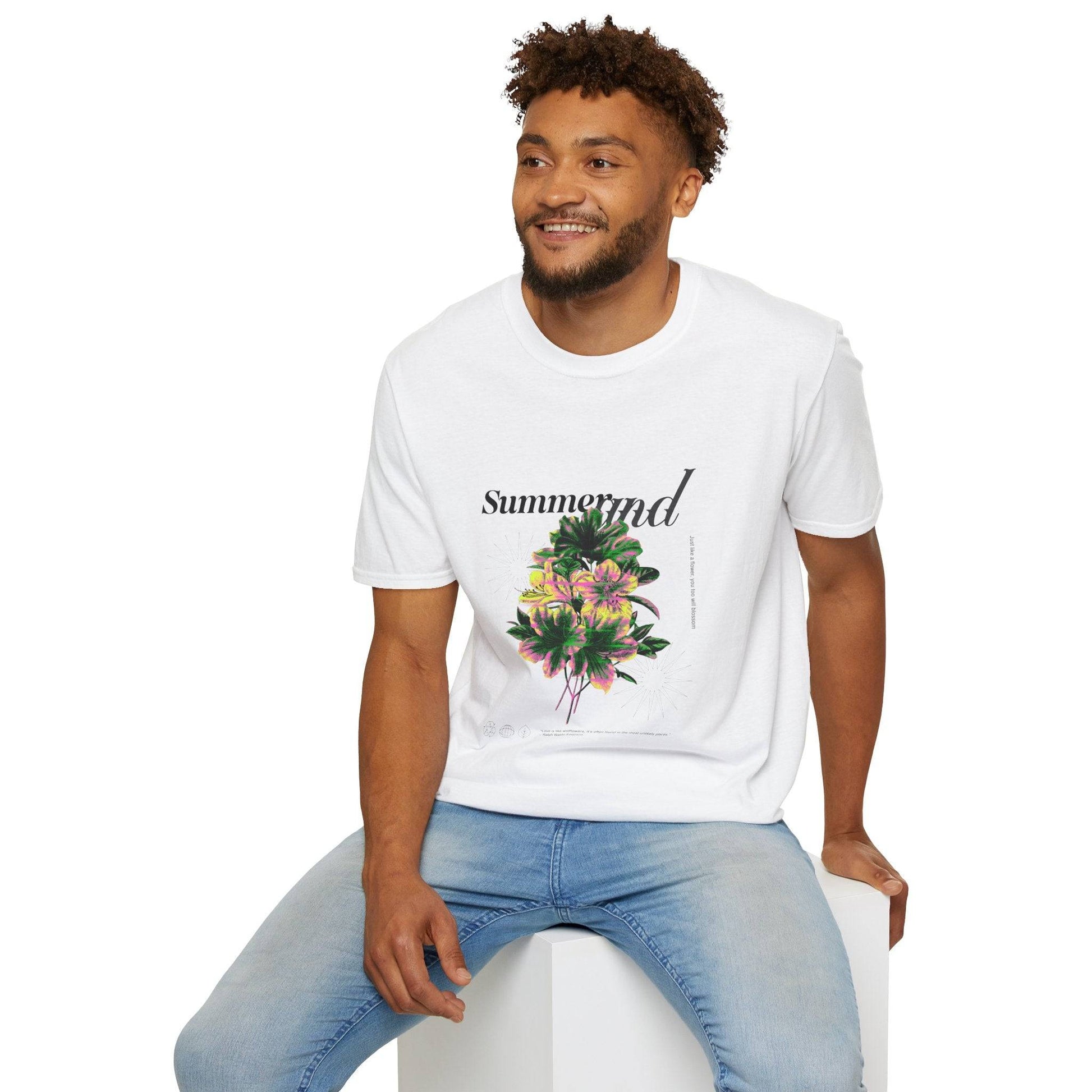 man wearing white Summer and flowers graphic t shirt - leightweight ethical cotton and polyester new cheap free delivery $40 | Ocean Rafts