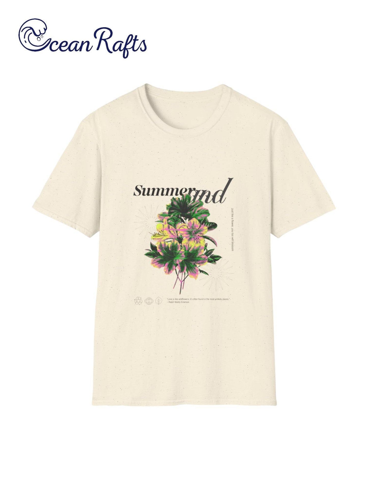 front of cream natural pale yellow Summer and flowers graphic t shirt - leightweight ethical cotton and polyester new cheap free delivery $40 | Ocean Rafts