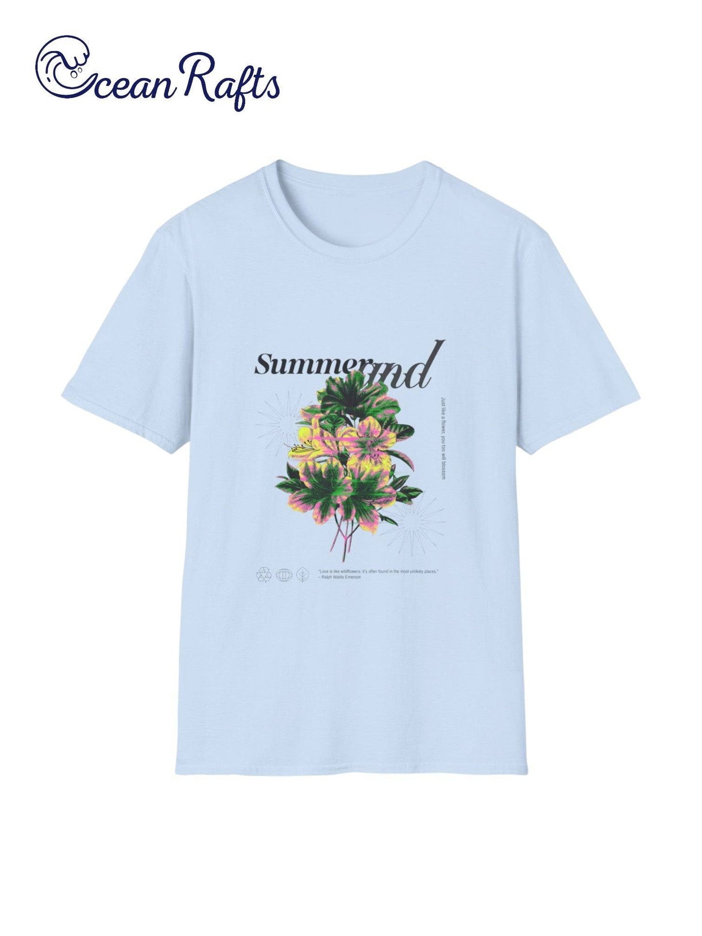 teal blue Summer and flowers graphic t shirt - leightweight ethical cotton and polyester new cheap free delivery $40 | Ocean Rafts