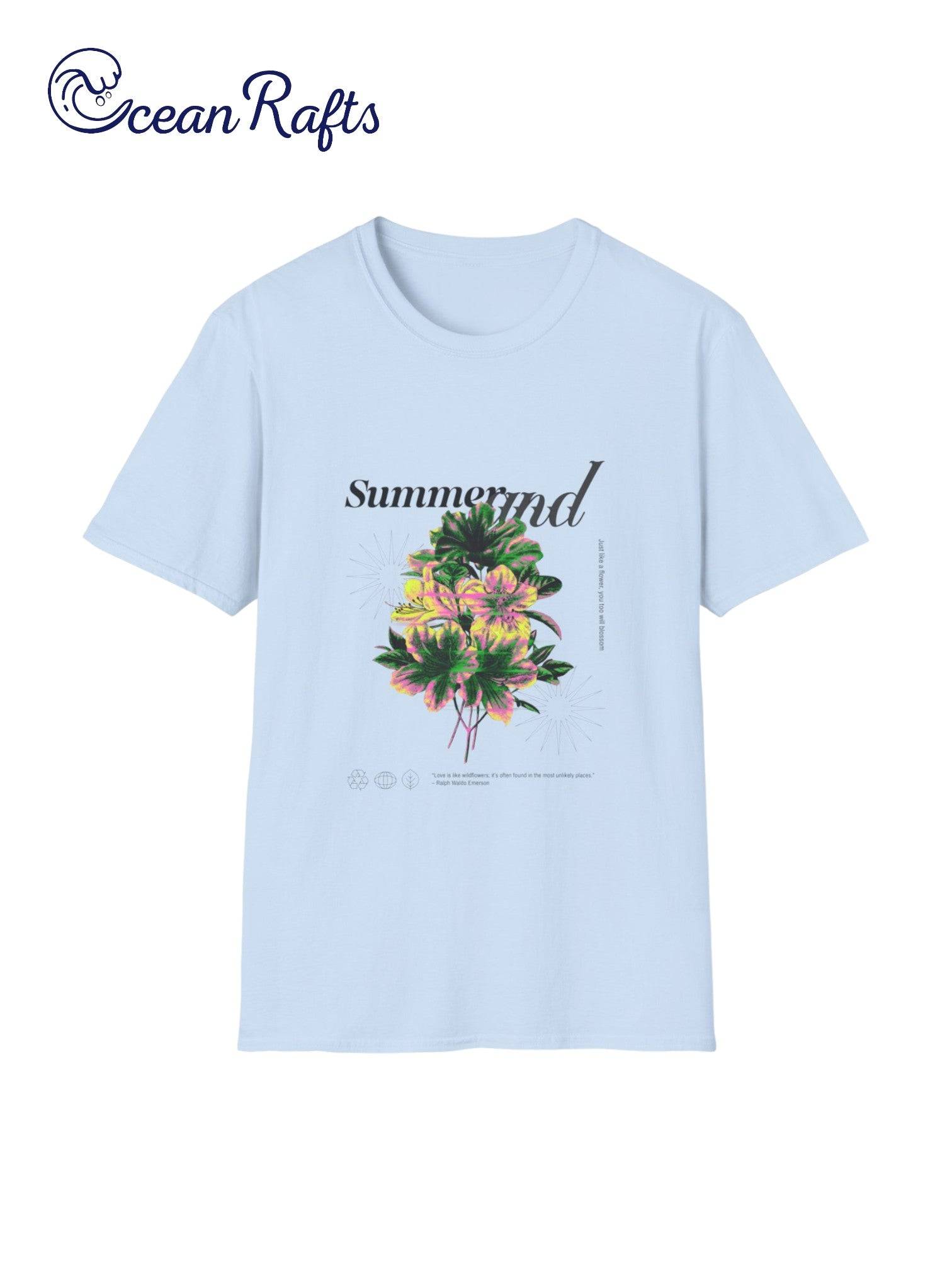 teal blue Summer and flowers graphic t shirt - leightweight ethical cotton and polyester new cheap free delivery $40 | Ocean Rafts