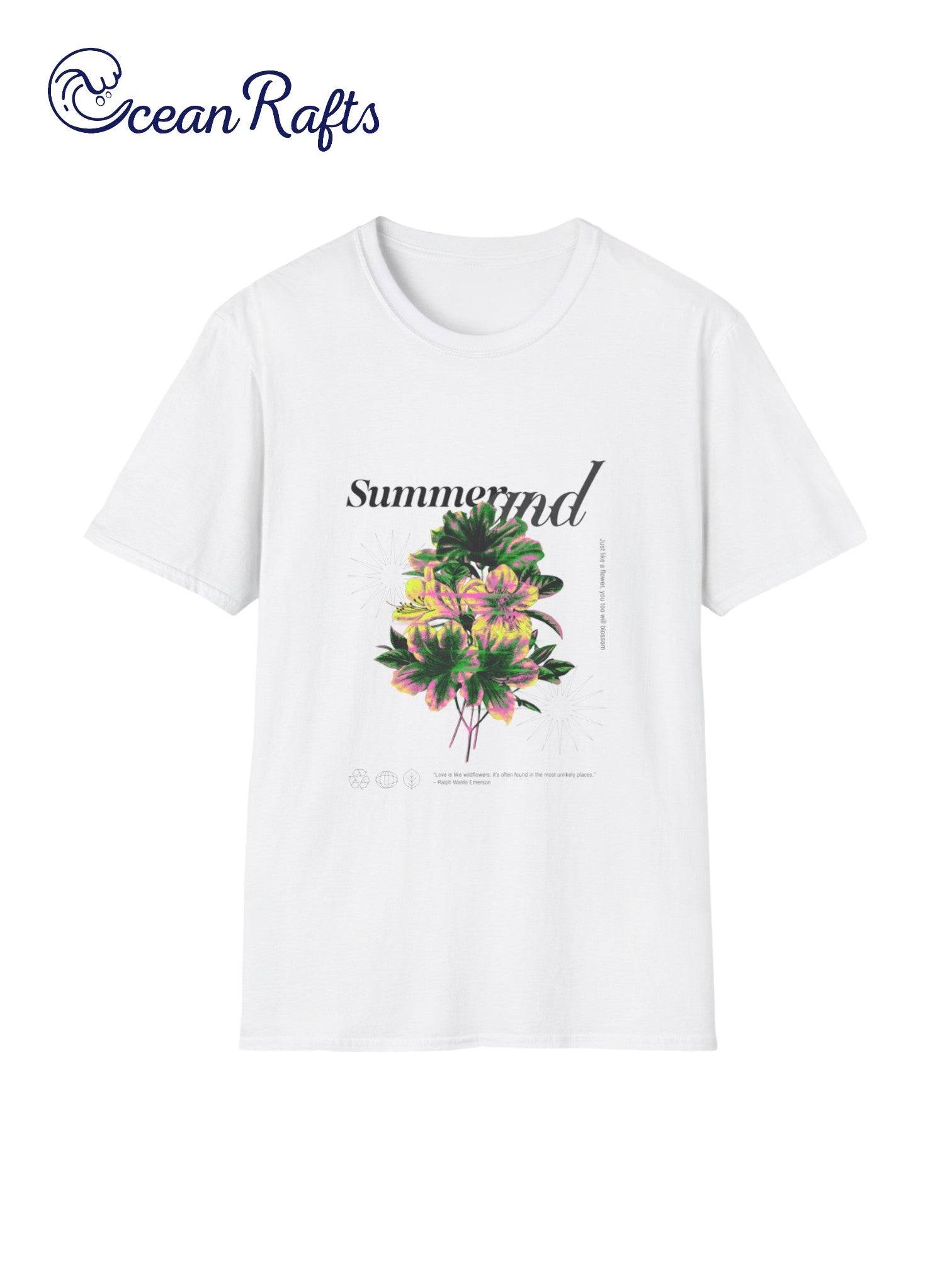 White Summer and flowers graphic t shirt - leightweight ethical cotton and polyester new cheap free delivery $40 | Ocean Rafts