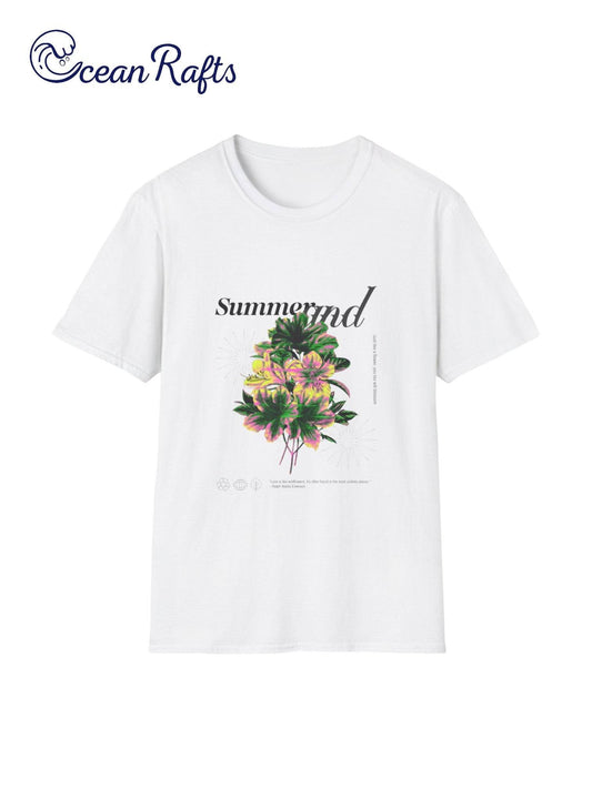 White Summer and flowers graphic t shirt - leightweight ethical cotton and polyester new cheap free delivery $40 | Ocean Rafts