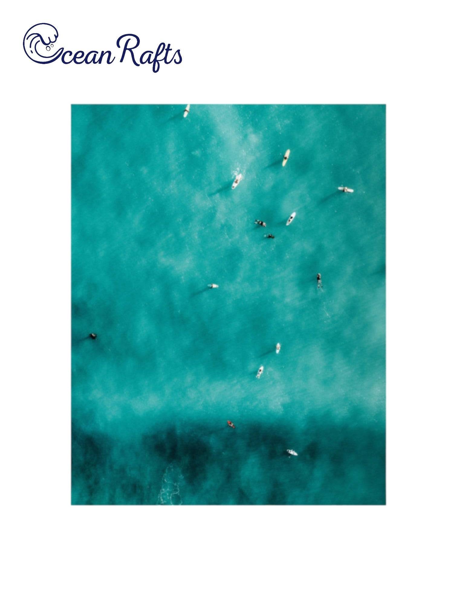 Summertime Surfers Poster - Poster image of a birdeye view teal ocean with surfers on surfboards catching waves and surfing - home decor poster new cheap $30 free delivery | Ocean Rafts