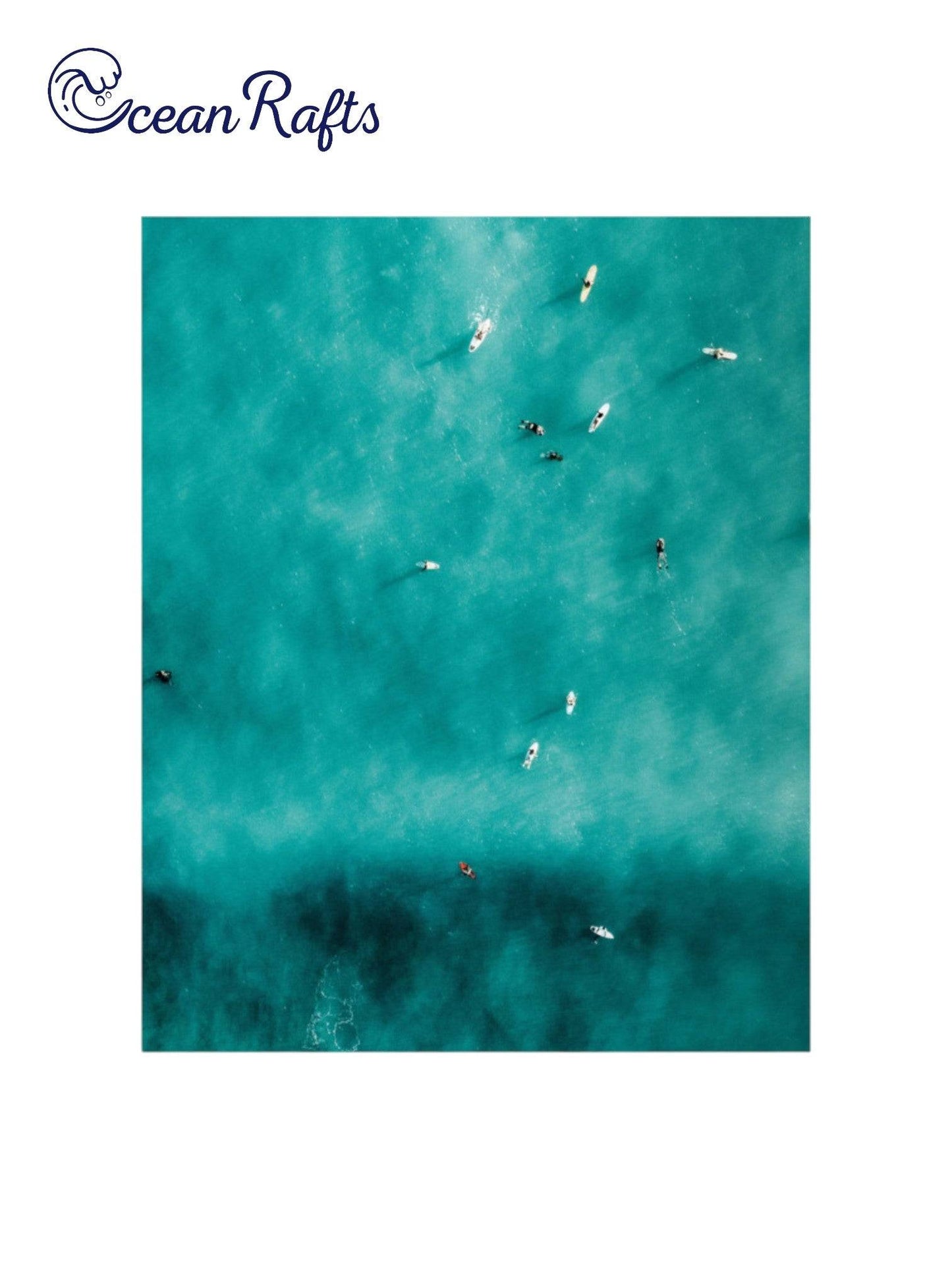 Summertime Surfers Poster - Poster image of a birdeye view teal ocean with surfers on surfboards catching waves and surfing - home decor poster new cheap $30 free delivery | Ocean Rafts