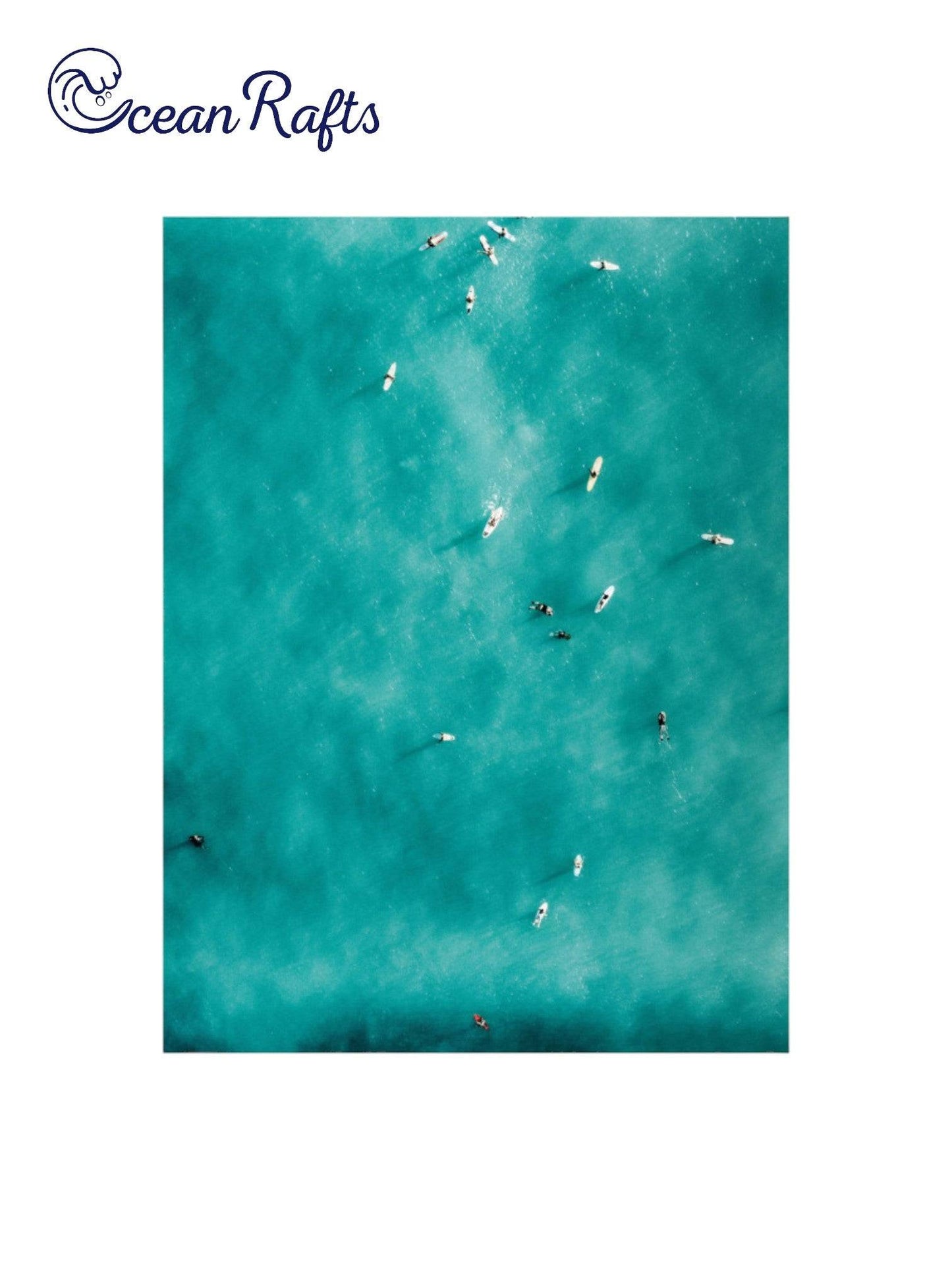 Summertime Surfers Poster - Poster image of a birdeye view teal ocean with surfers on surfboards catching waves and surfing - home decor poster new cheap $30 free delivery | Ocean Rafts