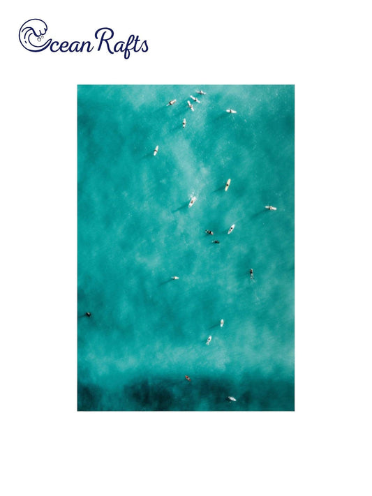 Summertime Surfers Poster - Poster image of a birdeye view teal ocean with surfers on surfboards catching waves and surfing - home decor poster new cheap $30 free delivery | Ocean Rafts