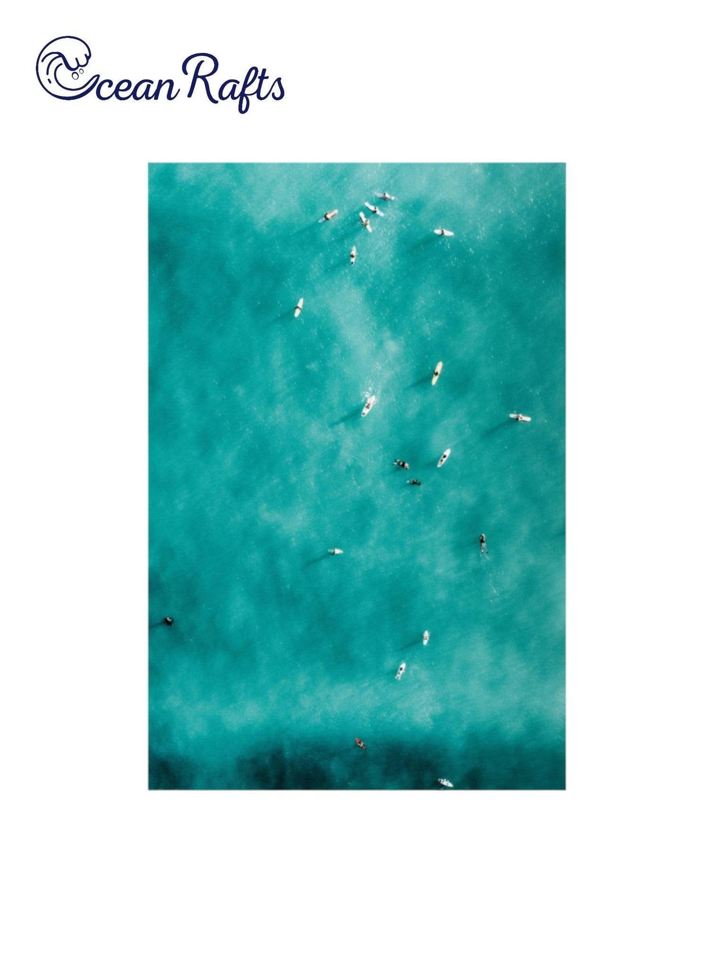 Summertime Surfers Poster - Poster image of a birdeye view teal ocean with surfers on surfboards catching waves and surfing - home decor poster new cheap $30 free delivery | Ocean Rafts