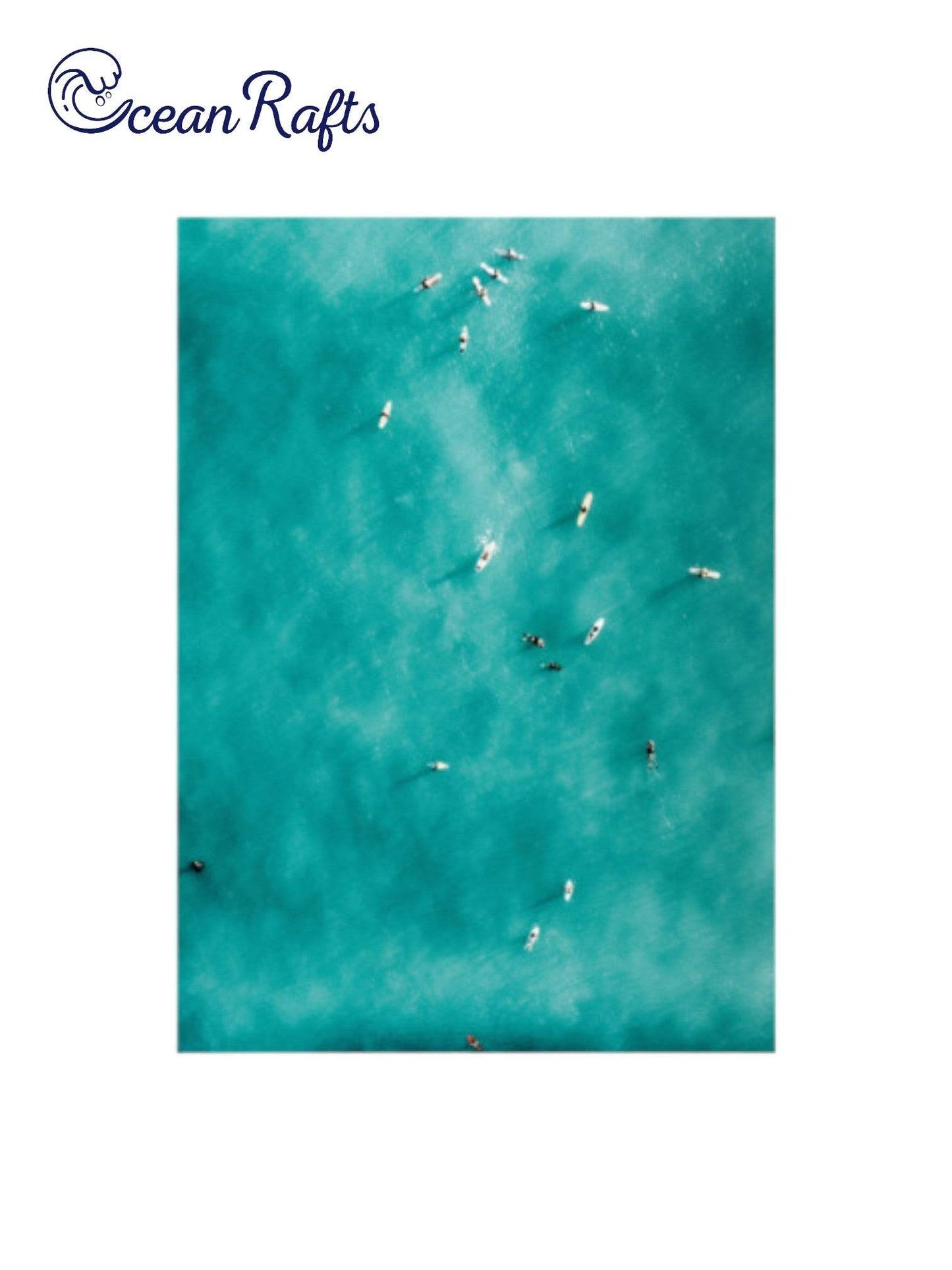 Summertime Surfers Poster - Poster image of a birdeye view teal ocean with surfers on surfboards catching waves and surfing - home decor poster new cheap $30 free delivery | Ocean Rafts