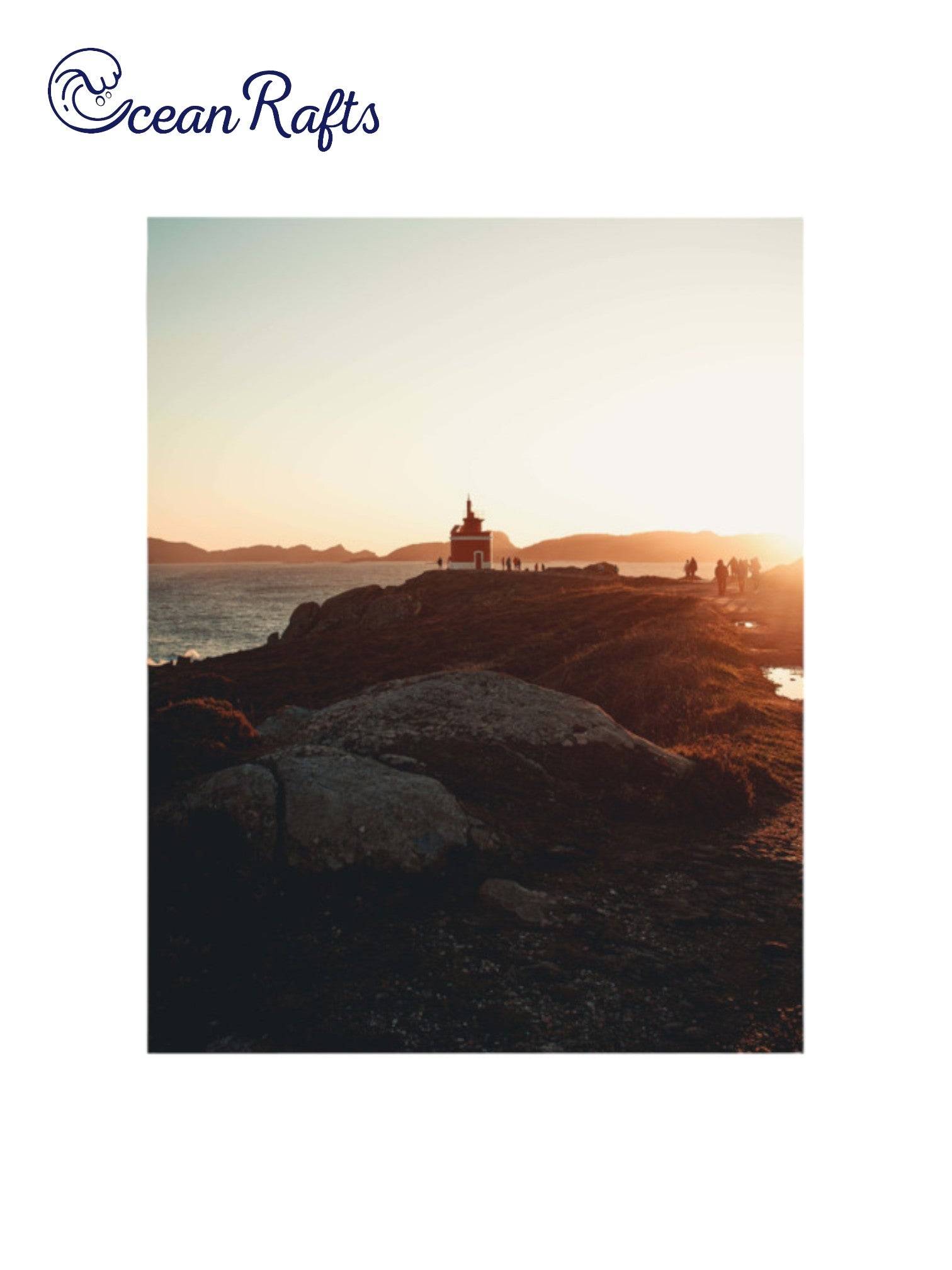 Sunrise Beach Poster - home decor beach poster image of a light house in the distance with people walking to and from it along a pathway. Sunset in the background surounded by the ocean Canvas Frame Poster New Cheap Free Delivery $30 | Ocean Rafts