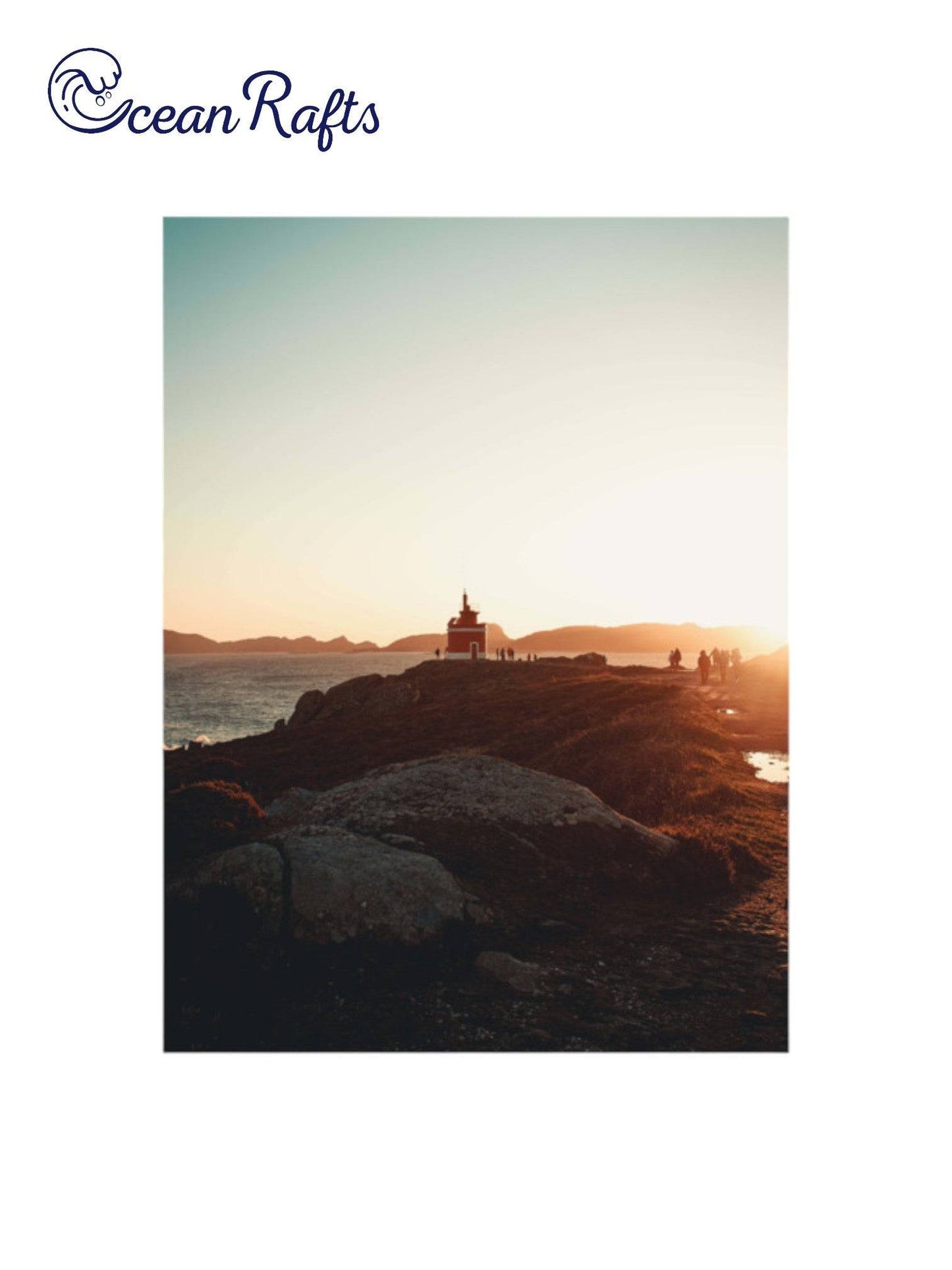 Sunrise Beach Poster - home decor beach poster image of a light house in the distance with people walking to and from it along a pathway. Sunset in the background surounded by the ocean Canvas Frame Poster New Cheap Free Delivery $30 | Ocean Rafts