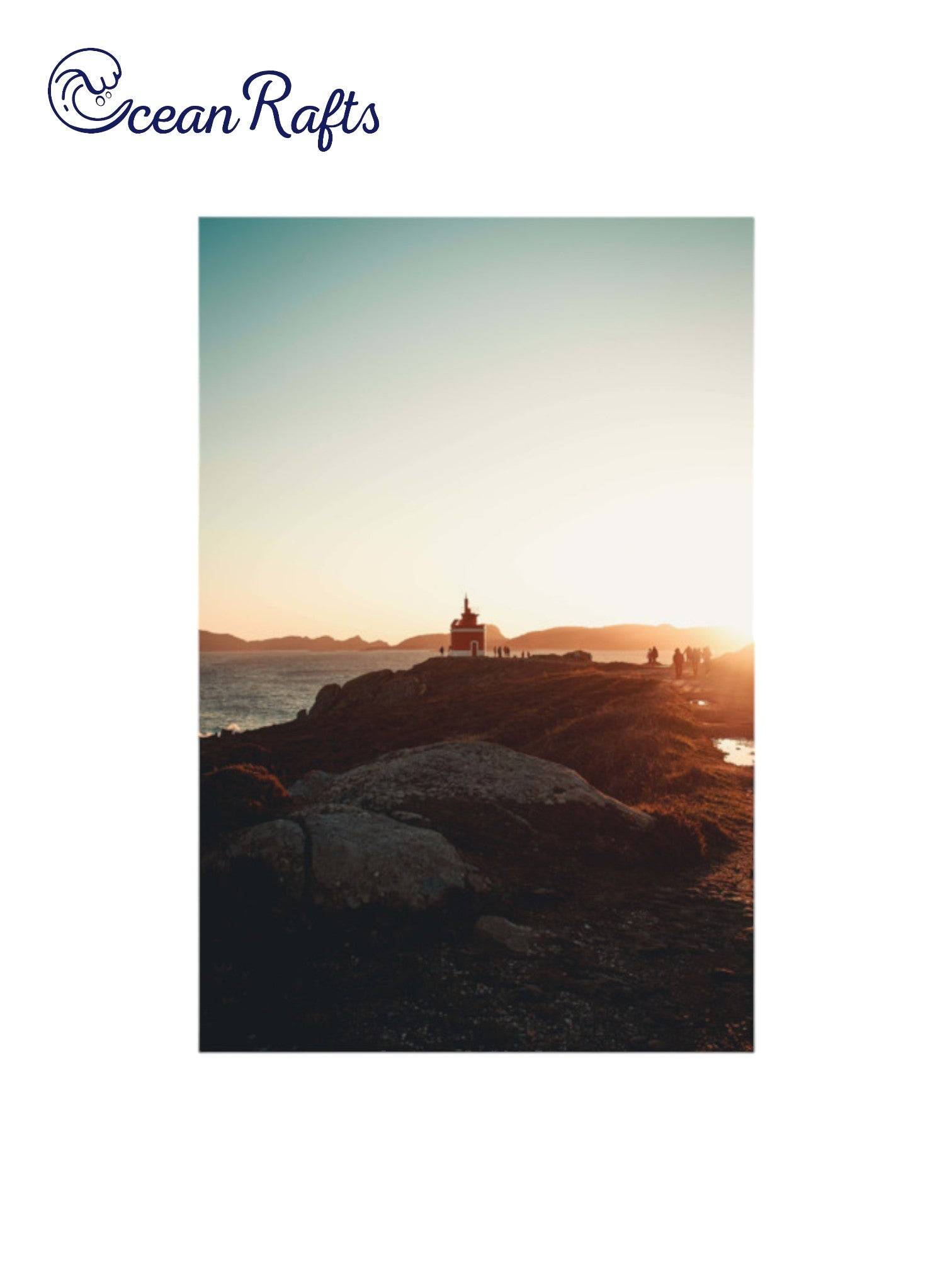 Sunrise Beach Poster - home decor beach poster image of a light house in the distance with people walking to and from it along a pathway. Sunset in the background surounded by the ocean Canvas Frame Poster New Cheap Free Delivery $30 | Ocean Rafts