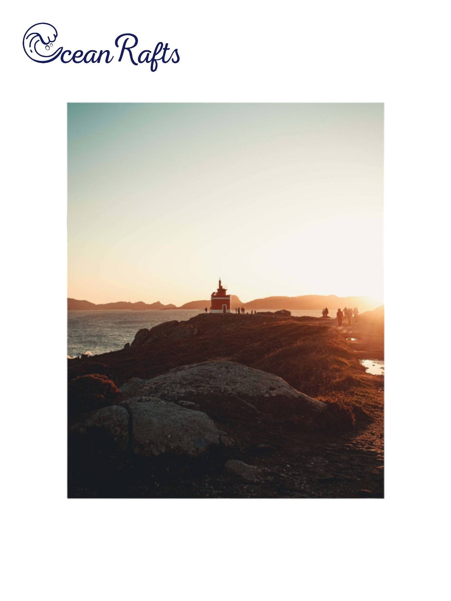 Sunrise Beach Poster - home decor beach poster image of a light house in the distance with people walking to and from it along a pathway. Sunset in the background surounded by the ocean Canvas Frame Poster New Cheap Free Delivery $30 | Ocean Rafts