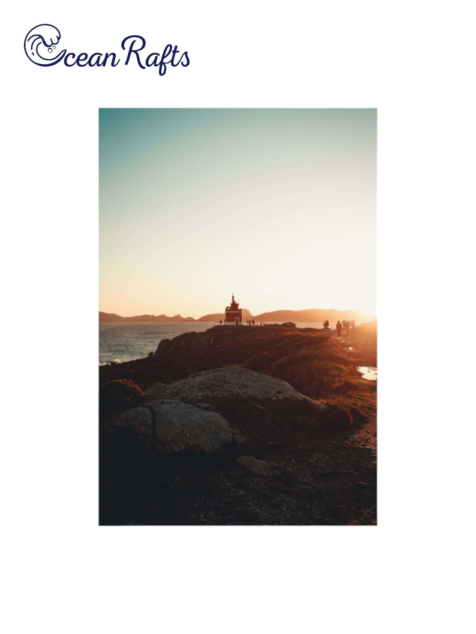 Sunrise Beach Poster - home decor beach poster image of a light house in the distance with people walking to and from it along a pathway. Sunset in the background surounded by the ocean Canvas Frame Poster New Cheap Free Delivery $30 | Ocean Rafts