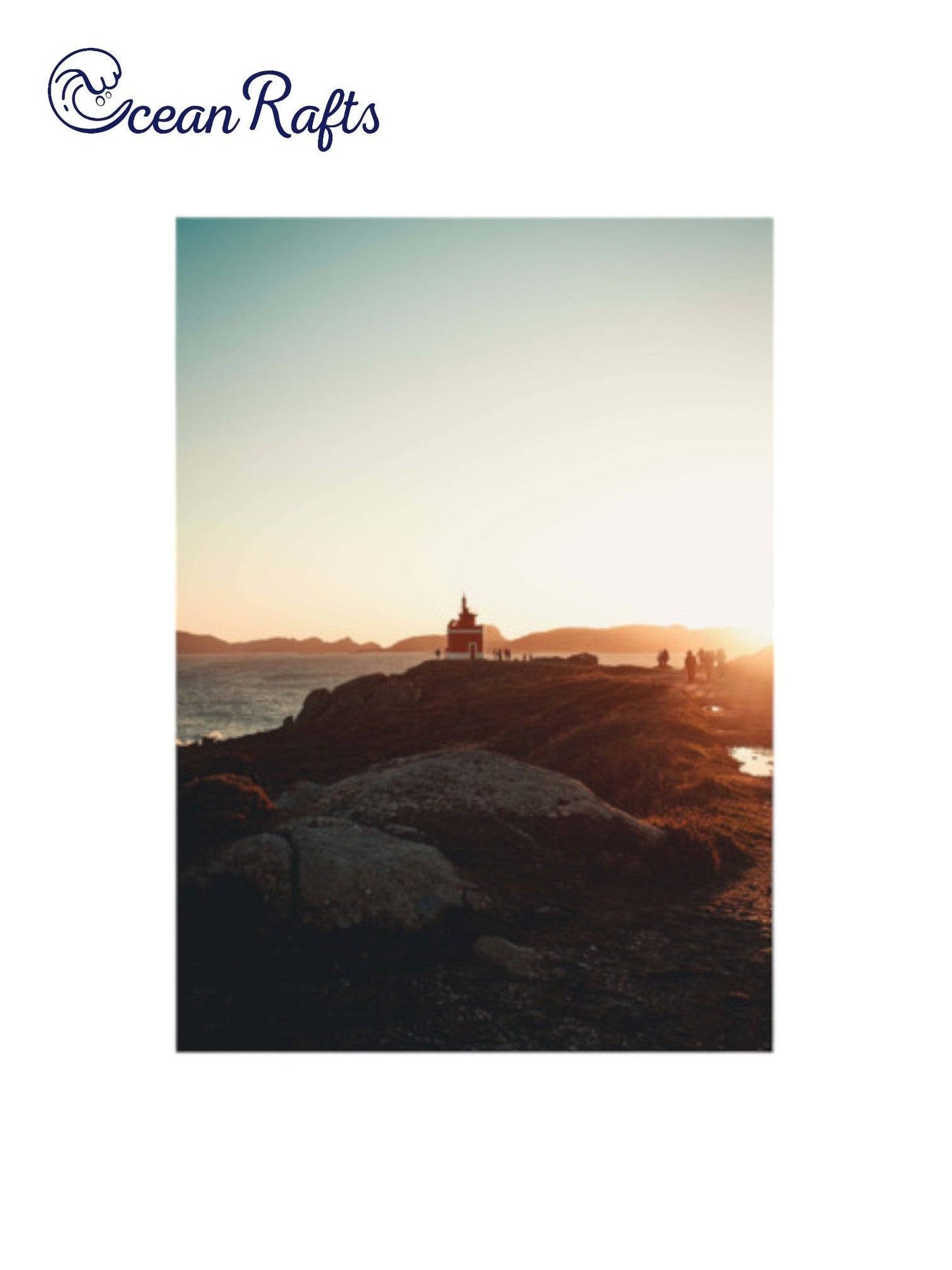 Sunrise Beach Poster - home decor beach poster image of a light house in the distance with people walking to and from it along a pathway. Sunset in the background surounded by the ocean Canvas Frame Poster New Cheap Free Delivery $30 | Ocean Rafts