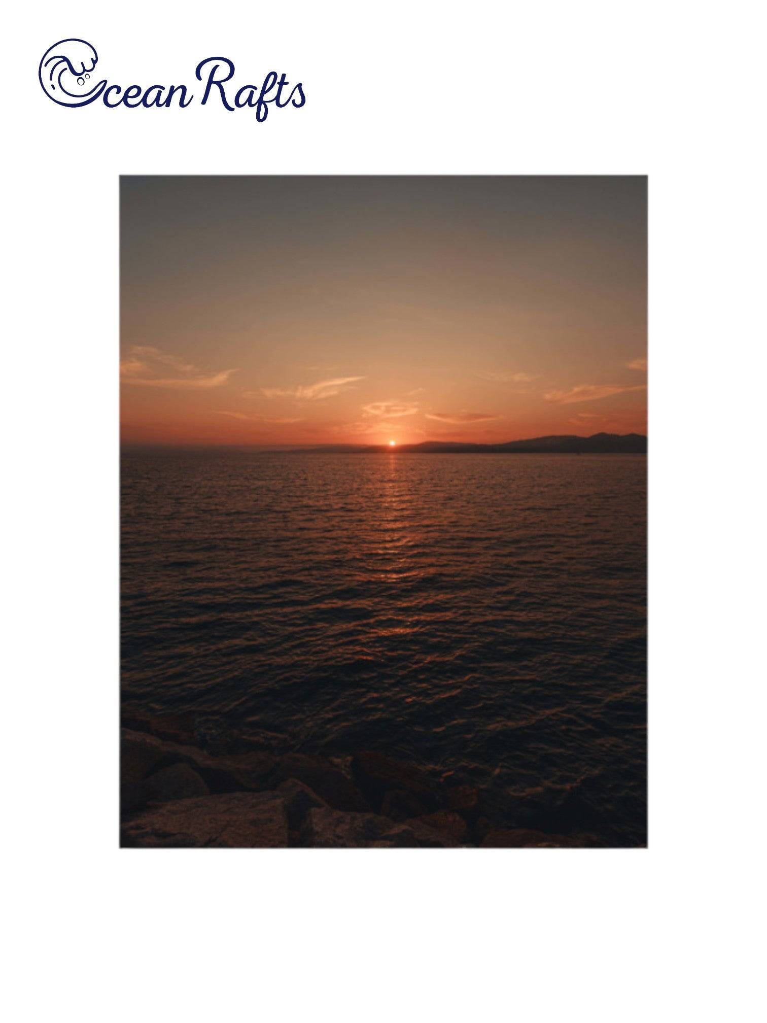 Sunset Serenity Poster - Poster image of a sunset over a varse ocean with the sun half gone luminating orange light into the sky - poster frame home decor new free delivery $30 | Ocean Rafts