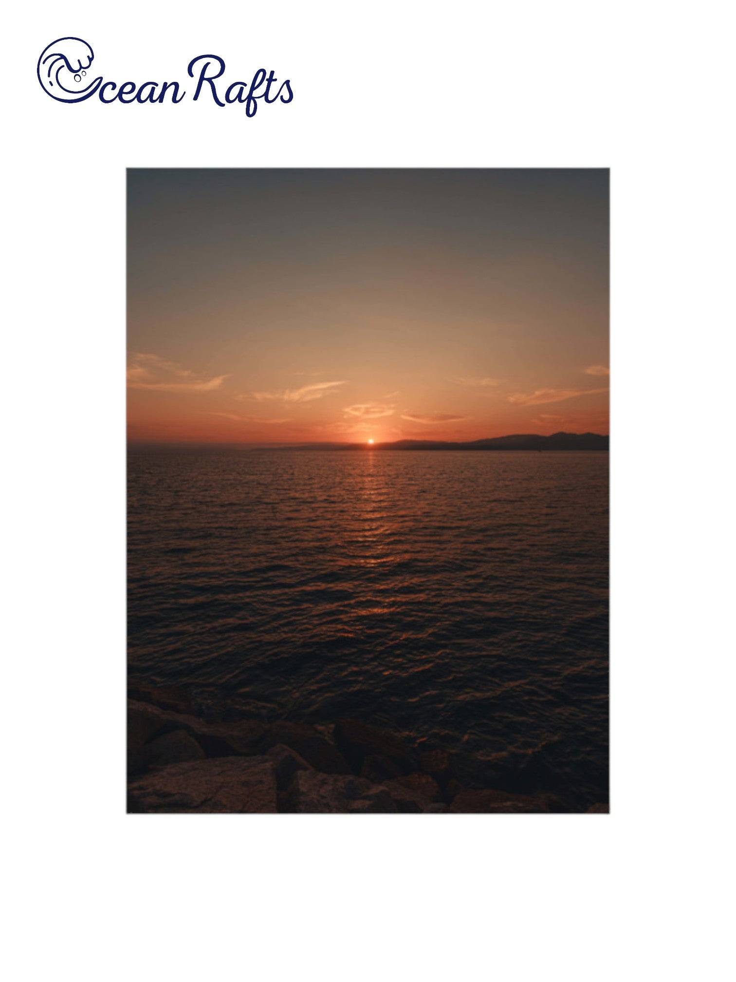 Sunset Serenity Poster - Poster image of a sunset over a varse ocean with the sun half gone luminating orange light into the sky - poster frame home decor new free delivery $30 | Ocean Rafts