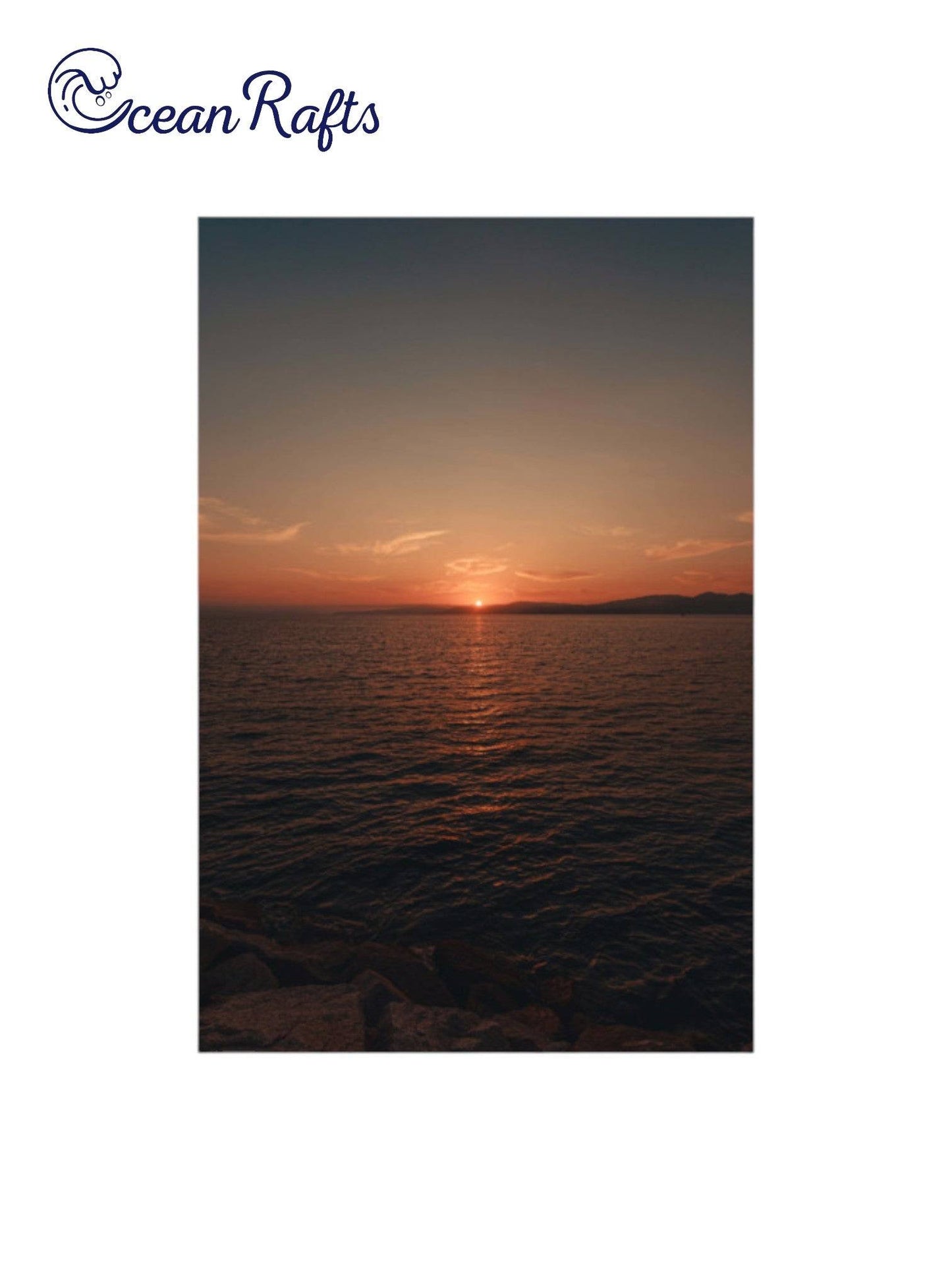 Sunset Serenity Poster - Poster image of a sunset over a varse ocean with the sun half gone luminating orange light into the sky - poster frame home decor new free delivery $30 | Ocean Rafts