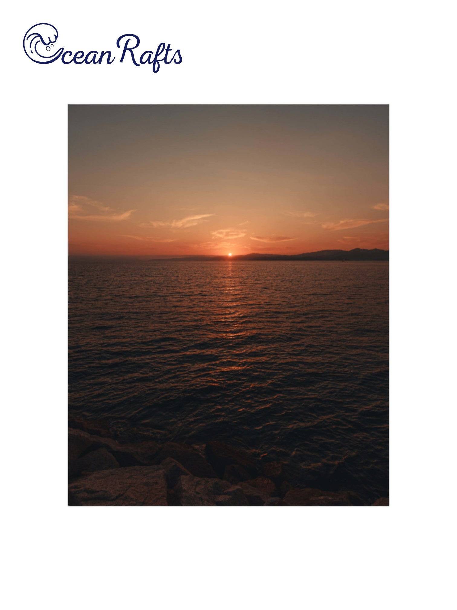 Sunset Serenity Poster - Poster image of a sunset over a varse ocean with the sun half gone luminating orange light into the sky - poster frame home decor new free delivery $30 | Ocean Rafts