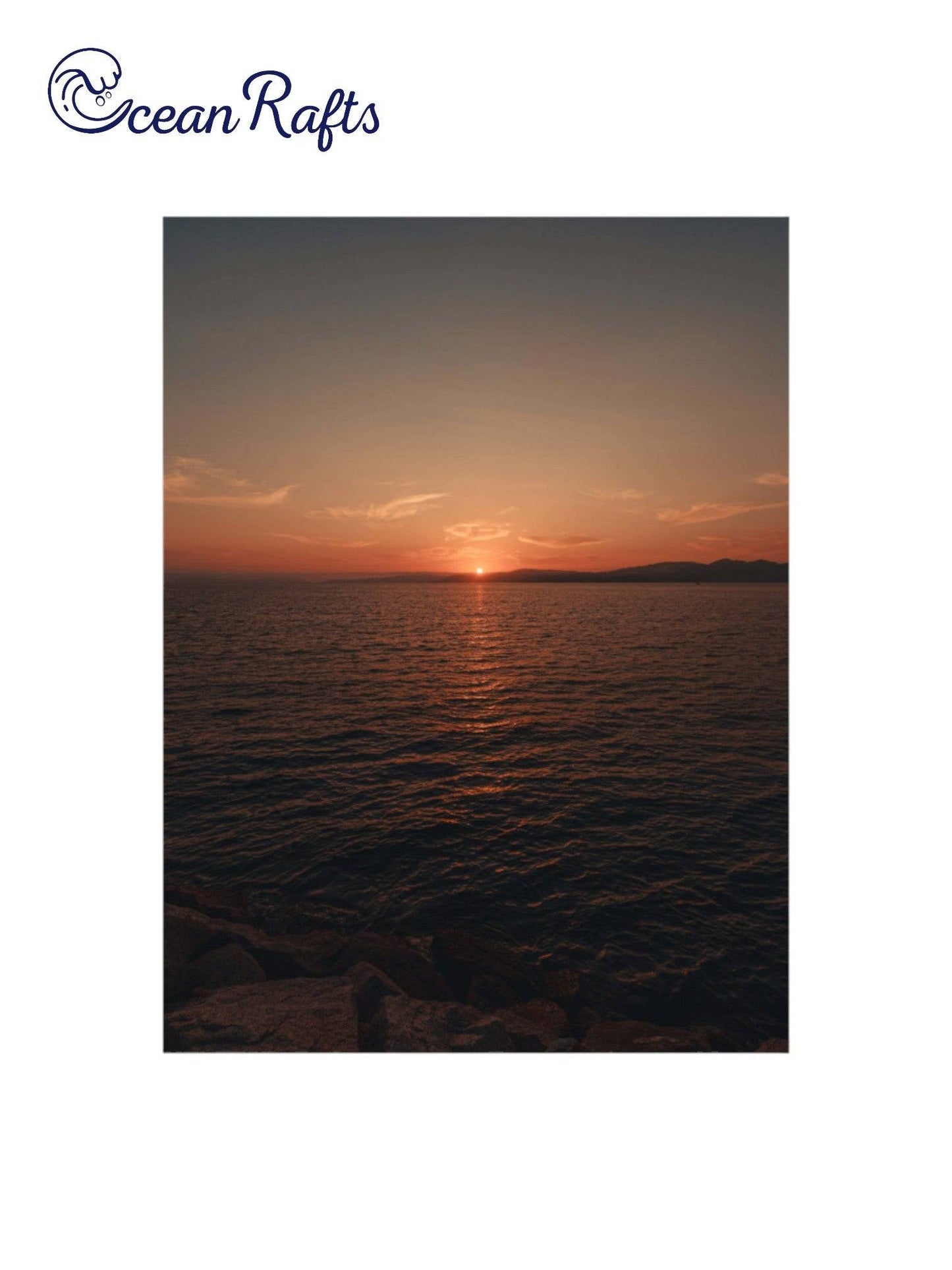 Sunset Serenity Poster - Poster image of a sunset over a varse ocean with the sun half gone luminating orange light into the sky - poster frame home decor new free delivery $30 | Ocean Rafts