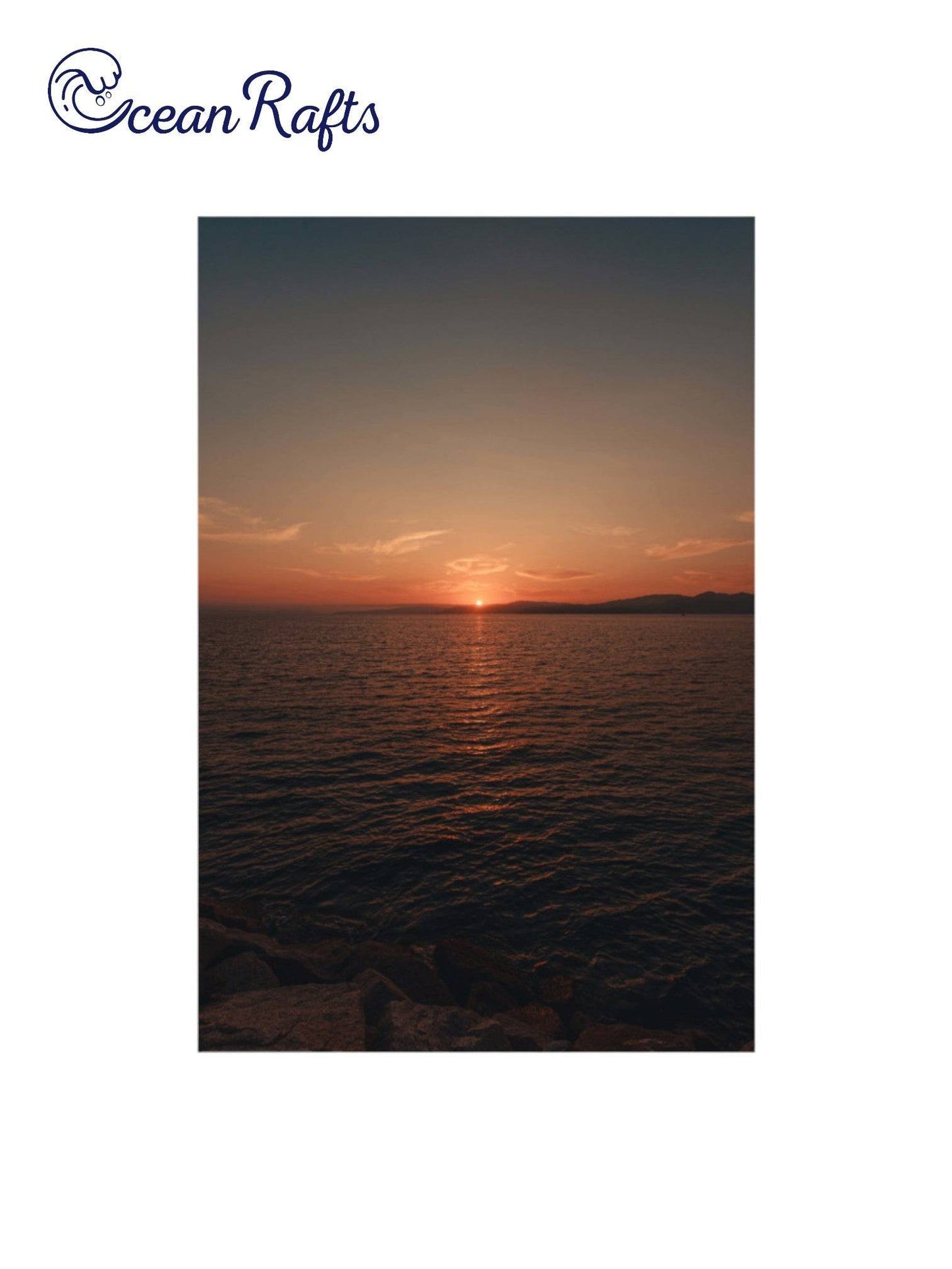 Sunset Serenity Poster - Poster image of a sunset over a varse ocean with the sun half gone luminating orange light into the sky - poster frame home decor new free delivery $30 | Ocean Rafts