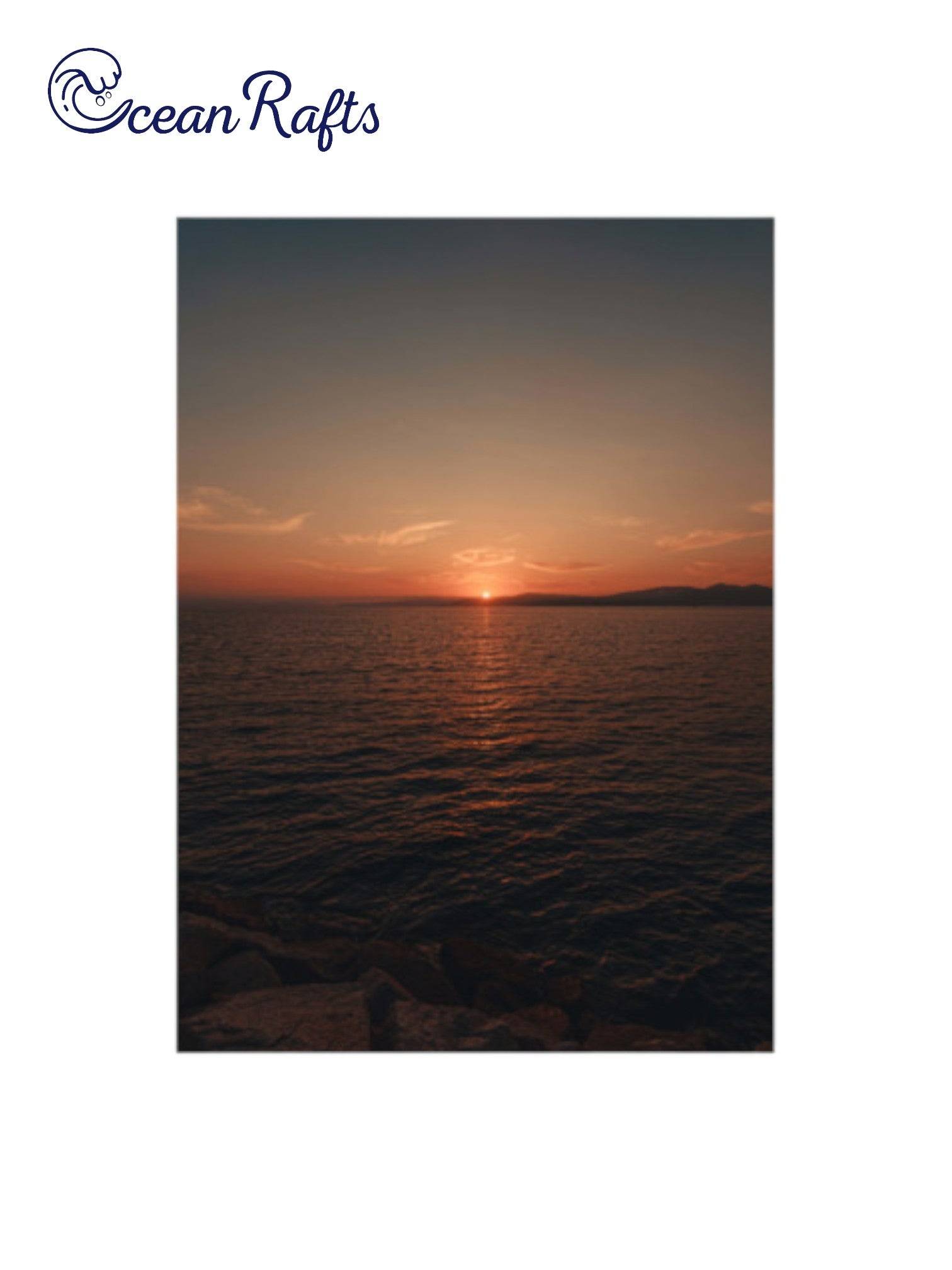 Sunset Serenity Poster - Poster image of a sunset over a varse ocean with the sun half gone luminating orange light into the sky - poster frame home decor new free delivery $30 | Ocean Rafts