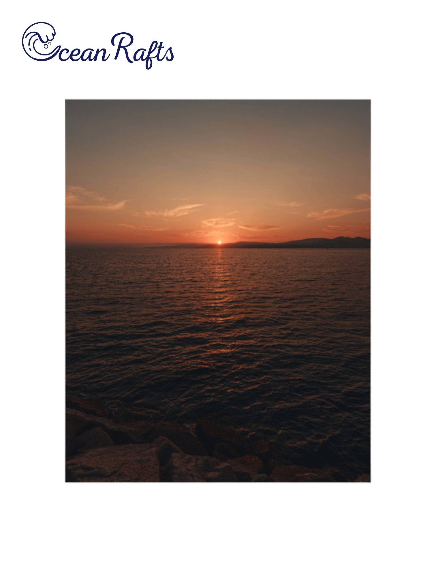 Sunset Serenity Poster - Poster image of a sunset over a varse ocean with the sun half gone luminating orange light into the sky - poster frame home decor new free delivery $30 | Ocean Rafts